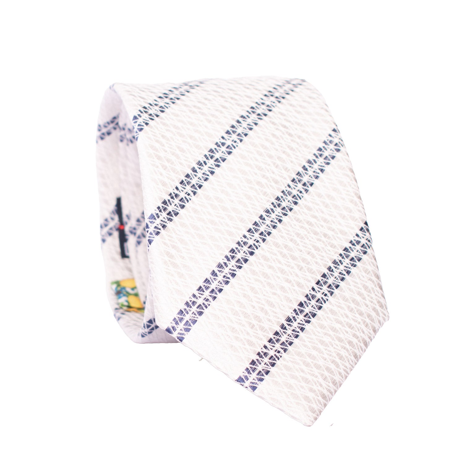 Cravatta Regimental da Cerimonia di Seta Grigio Argento con Righe Blu CY6685 Arrotolata