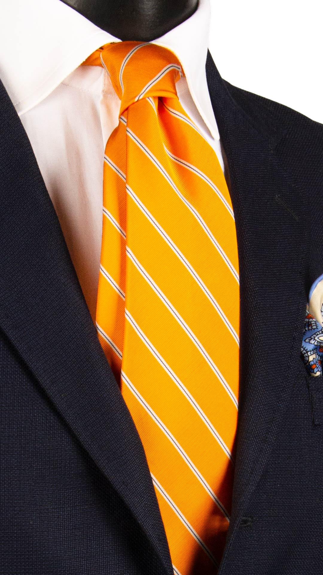 Cravatta Regimental di Seta Arancione con Righe Bianche Blu 7326 Graffeo Cravatte Made in Italy