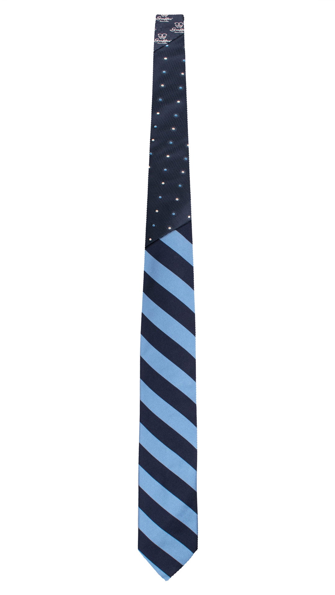 Cravatta Regimental di Seta Azzurra Blu Nodo in Contrasto Blu a Pois Azzurri Bianchi N3313 Graffeo Cravatte Made in Italy Intera
