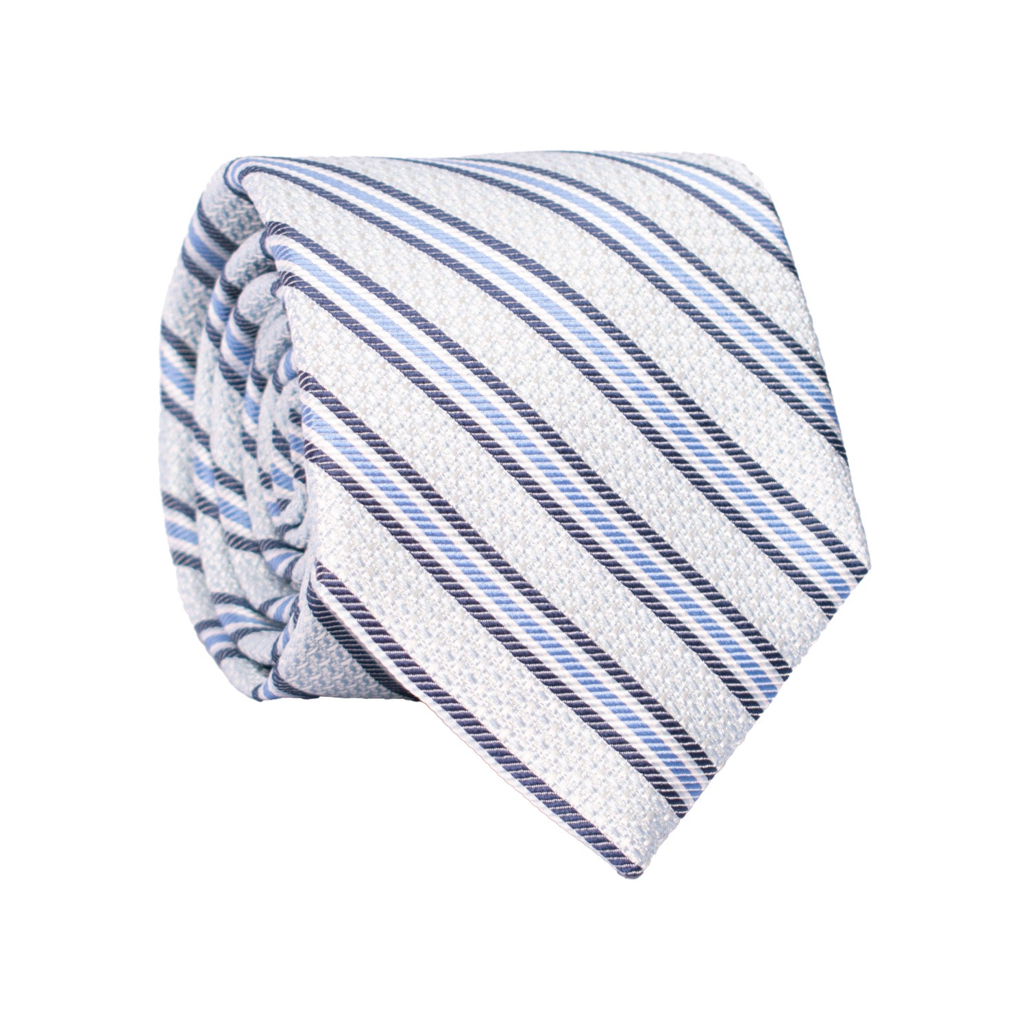 Cravatta Regimental di Seta Azzurro Polvere con Righe Indaco Bianco Blu 7444 Made in Italy Graffeo Cravatte Rotolo