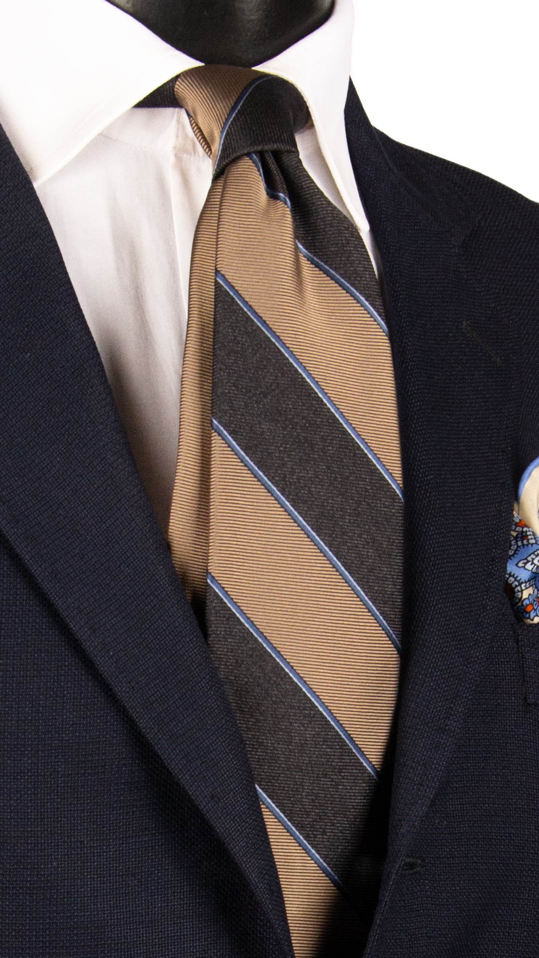 Cravatta Regimental di Seta Beige Grigia con Righe Avio Celeste 7331 Graffeo Cravatte Made in Italy