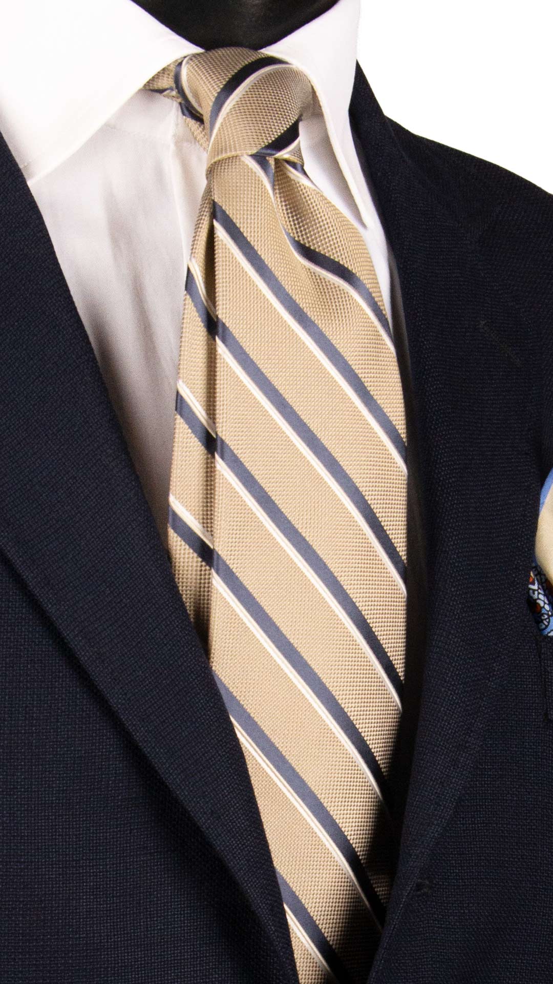 Cravatta Regimental di Seta Beige con Righe Indaco Bianche 7225 Graffeo Cravatte Made in Italy