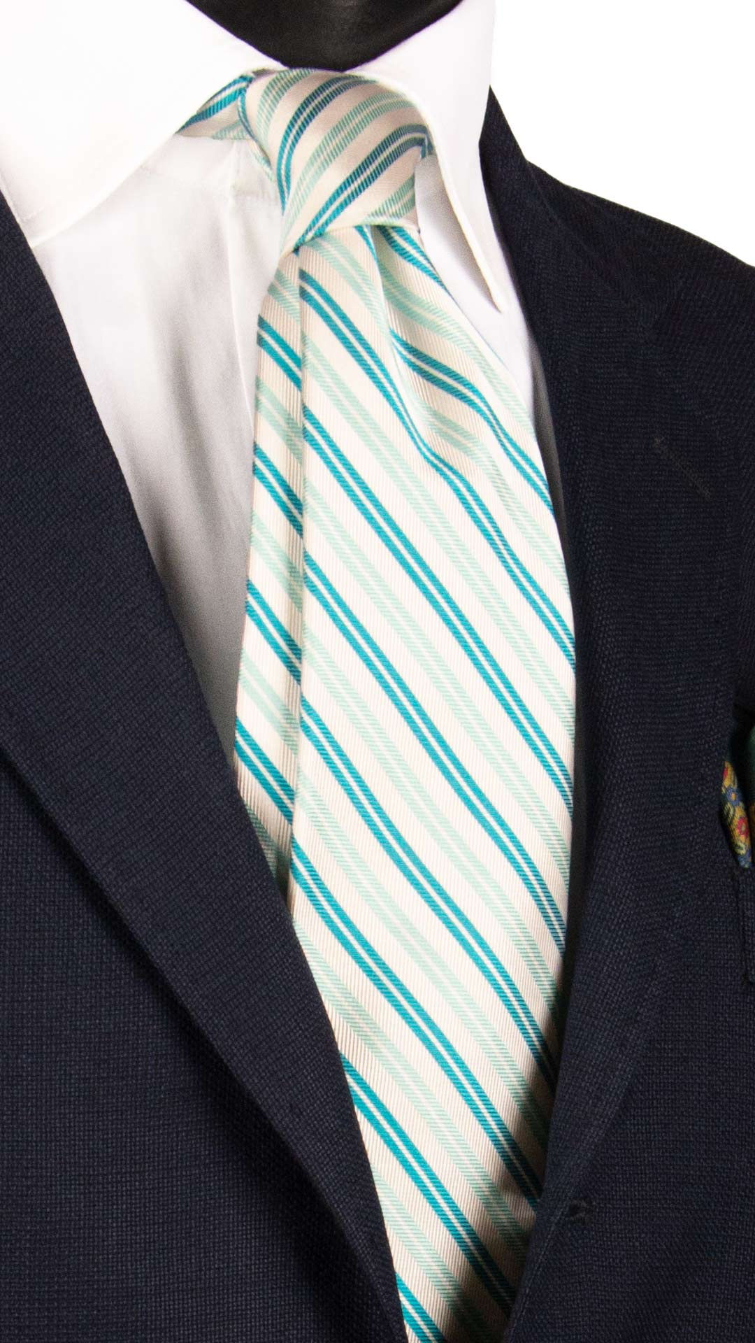 Cravatta Regimental di Seta Bianca Verde Petrolio Verde Acqua 7202 Graffeo Cravatte Made in Italy