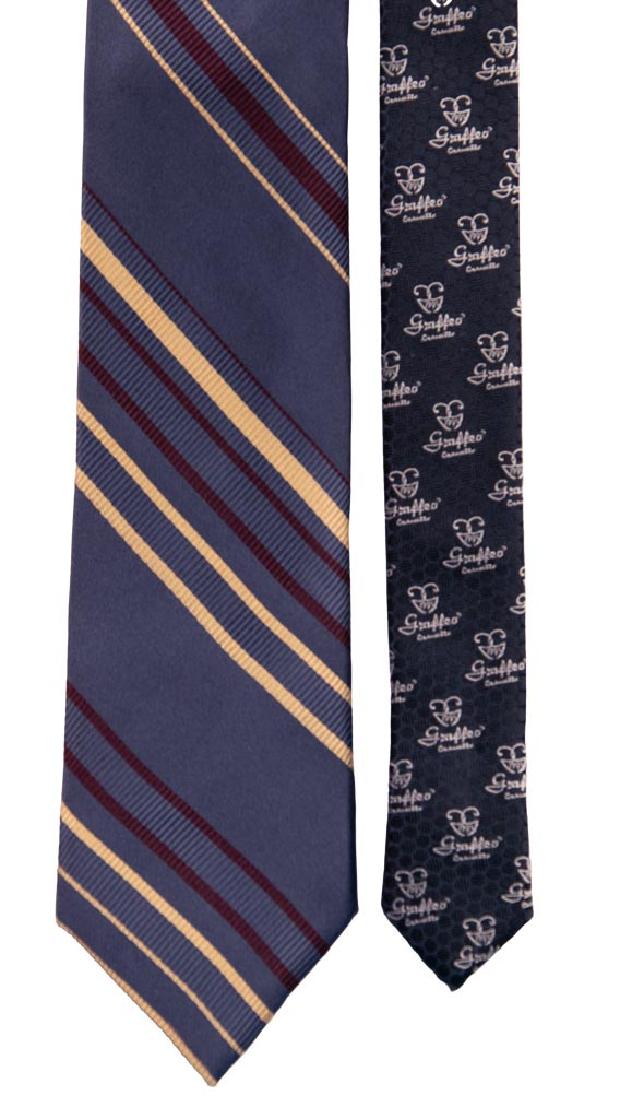 Cravatta Regimental di Seta Blu Avio con Righe Borgogna Beige 6878 Pala