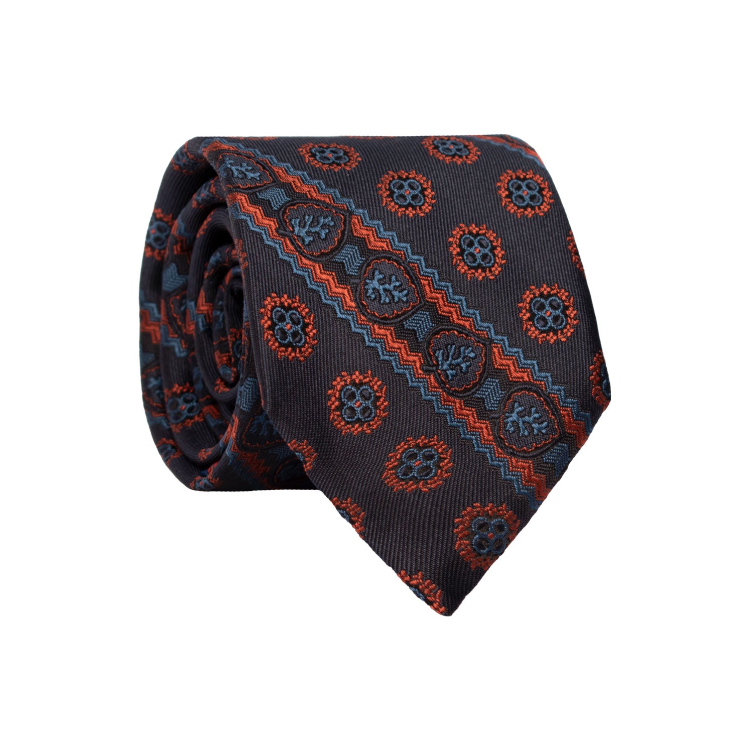 Cravatta Regimental di Seta Blu Fantasia Arancione Blu Ottanio AN7410 Made in Italy Graffeo Cravatte Rotolo