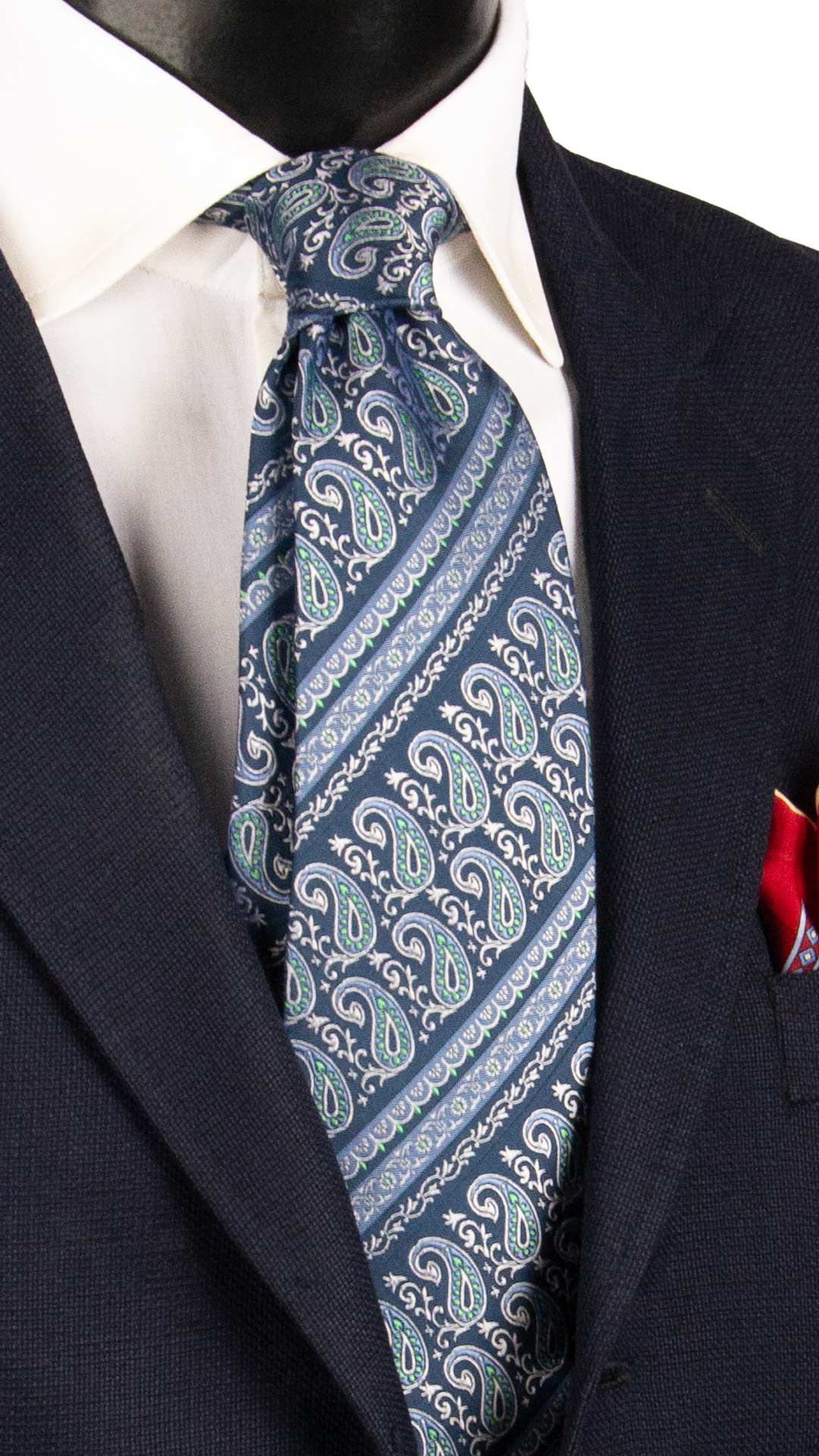 Cravatta Regimental di Seta Blu Navy Paisley Celeste Verde Bianco 1632 Graffeo Cravatte Made in Italy