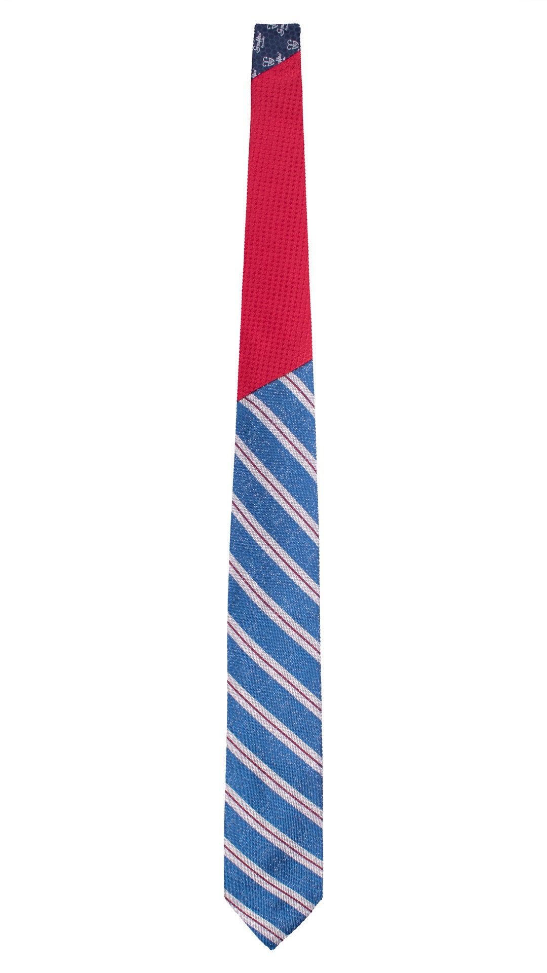 Cravatta Regimental di Seta Blu con Righe Bianco Panna Rosse Nodo in Contrasto Rosso Fantasia Tono Tono N3292 Made in Italy Graffeo Cravatte Intera