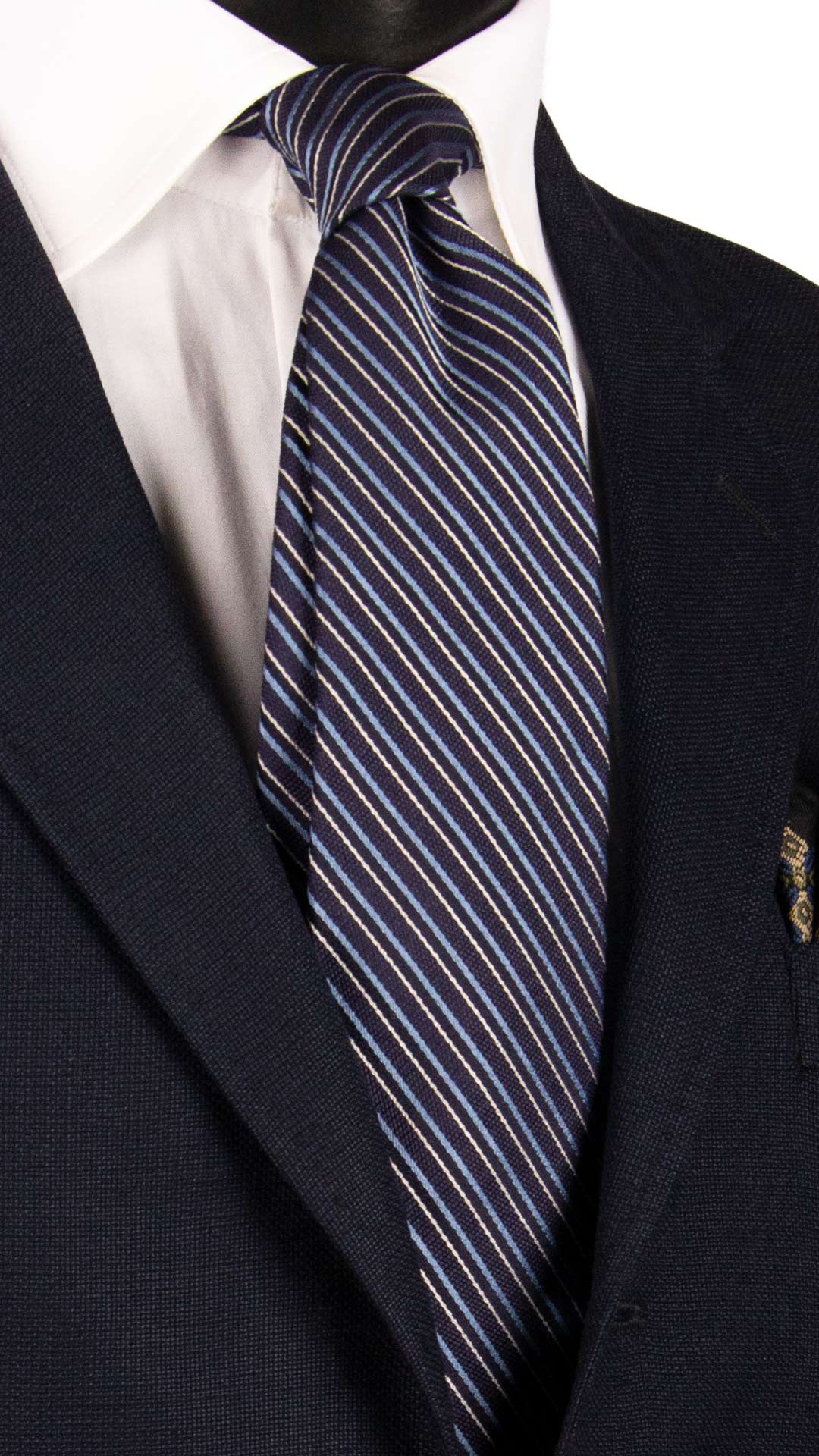 Cravatta-Regimental-di-Seta-Blu-con-Righe-Celesti-Bianche- 7142 Graffeo Cravatte Made in Italy