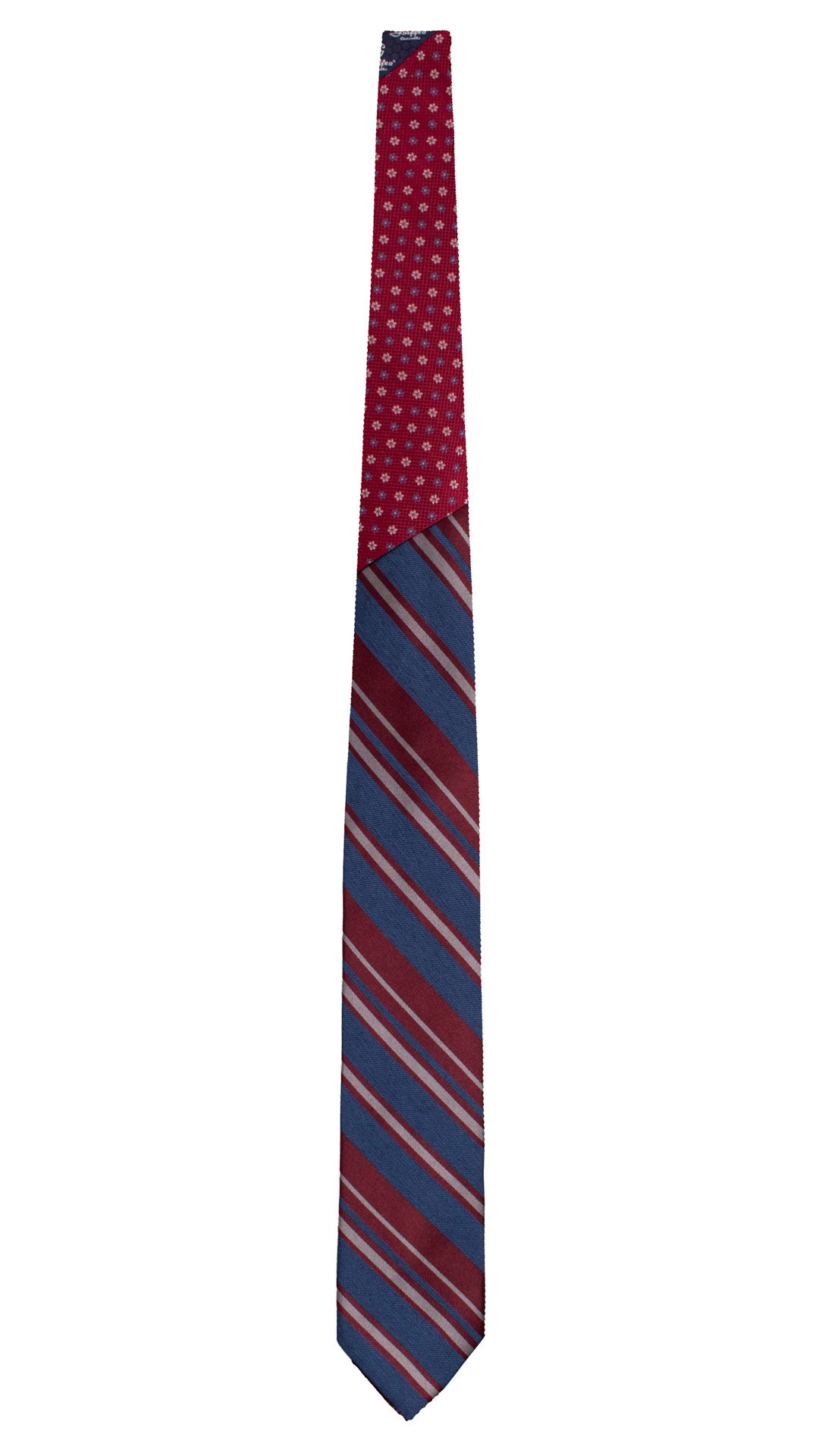 Cravatta Regimental di Seta Blu con Righe Grigio Bordeaux Nodo in Contrasto Rosso Bordeaux Fantasia Grigio Azzurro N3379 Made in Italy Graffeo Cravatte Intera
