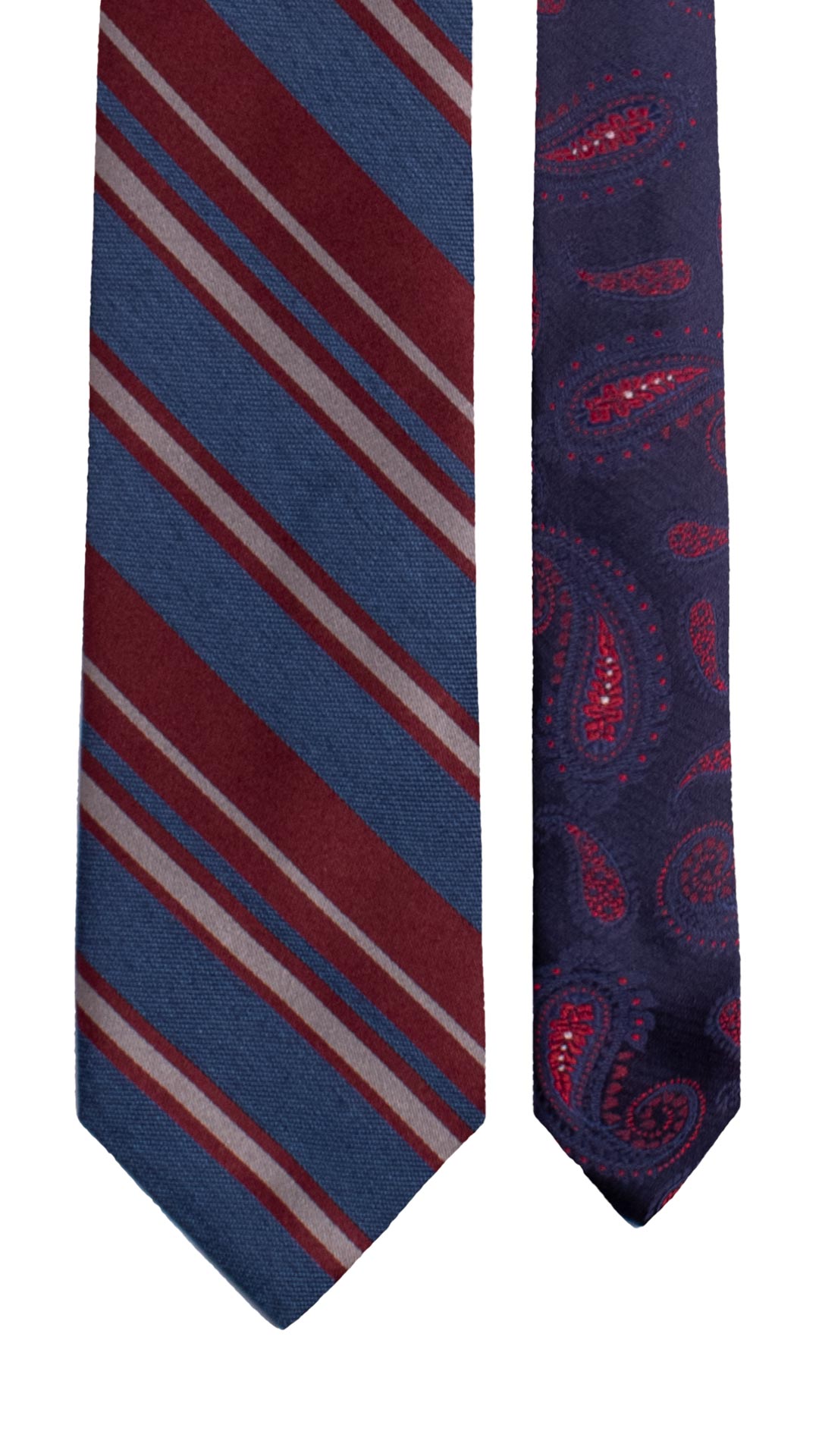 Cravatta Regimental di Seta Blu con Righe Grigio Bordeaux Nodo in Contrasto Rosso Bordeaux Fantasia Grigio Azzurro N3379 Made in Italy Graffeo Cravatte Pala