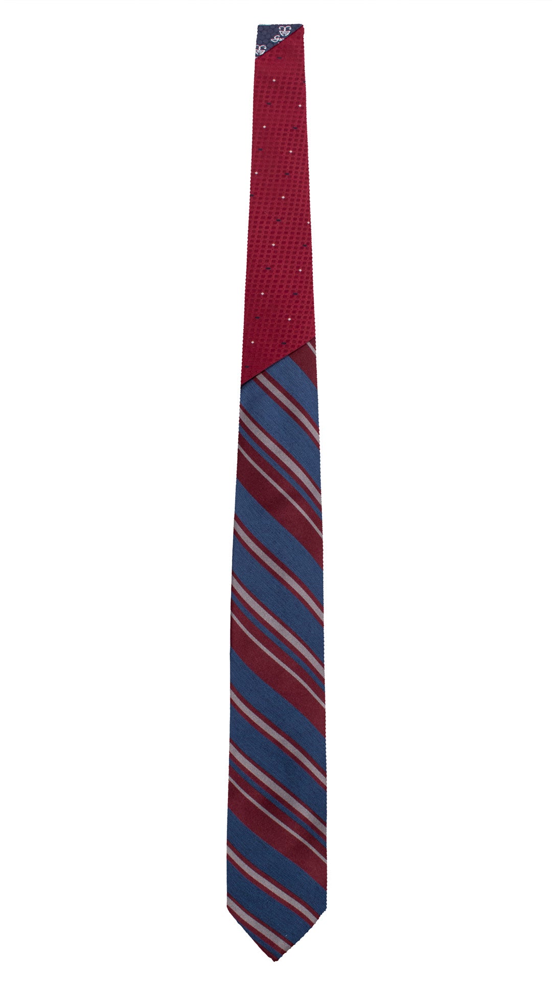 Cravatta Regimental di Seta Blu con Righe Rosse Bianche Nodo in Contrasto Rosso Bordeaux Fantasia Bianca Bluette N3418 Made in Italy Graffeo Cravatte Intera