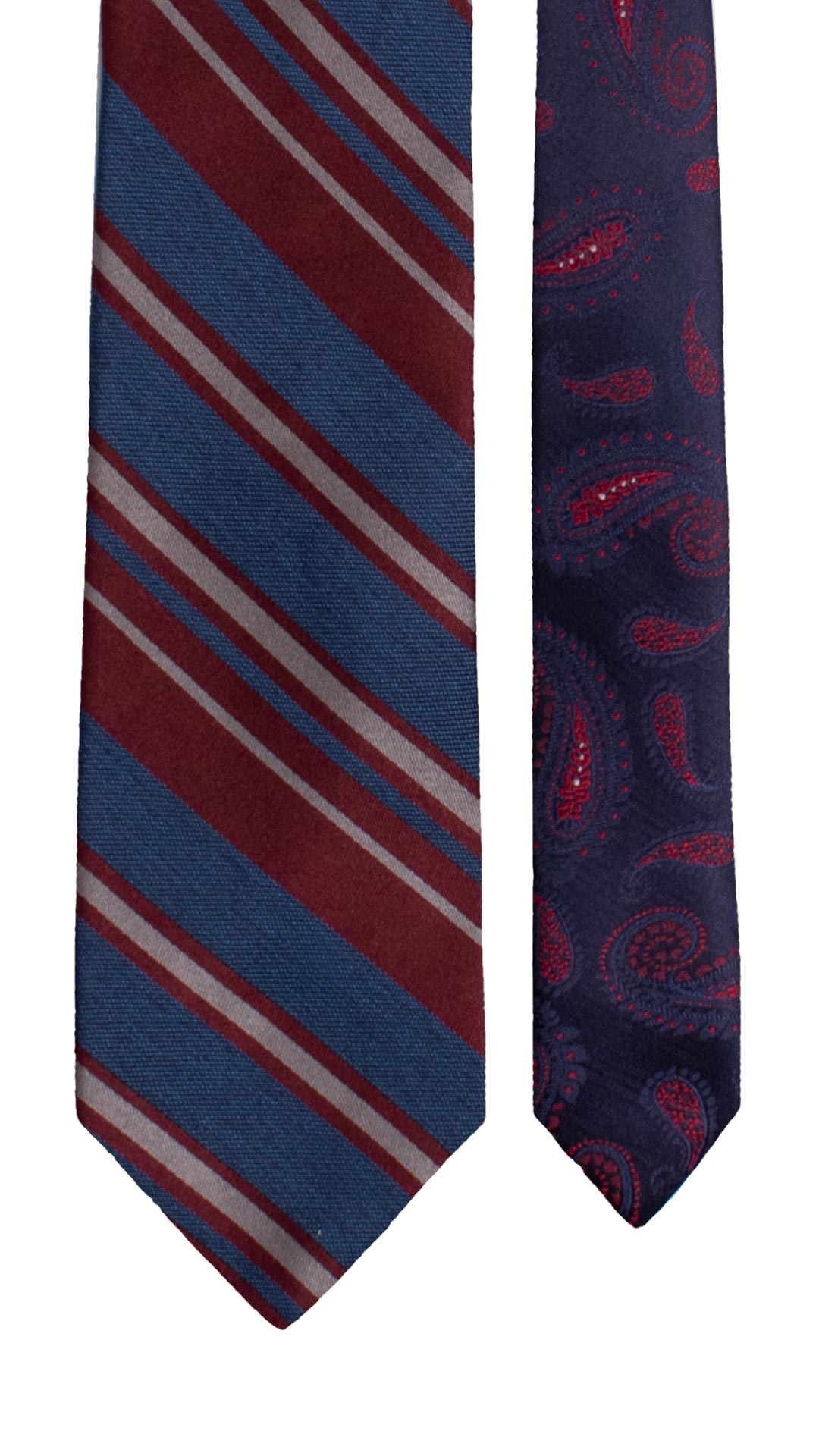 Cravatta Regimental di Seta Blu con Righe Rosse Bianche Nodo in Contrasto Rosso Bordeaux Fantasia Bianca Bluette N3418 Made in Italy Graffeo Cravatte Pala