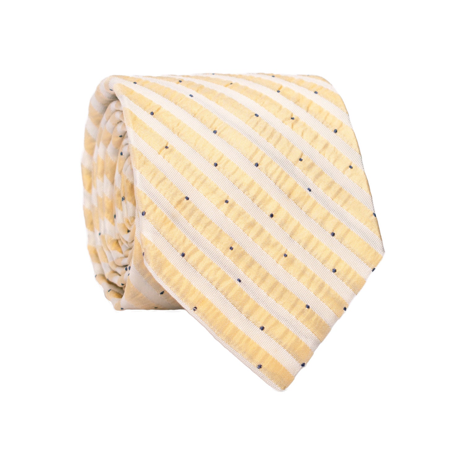 Cravatta Regimental di Seta Goffrata Giallo Crema Bianca a Pois Blu 7338 Graffeo Cravatte Made in Italy Rotolo