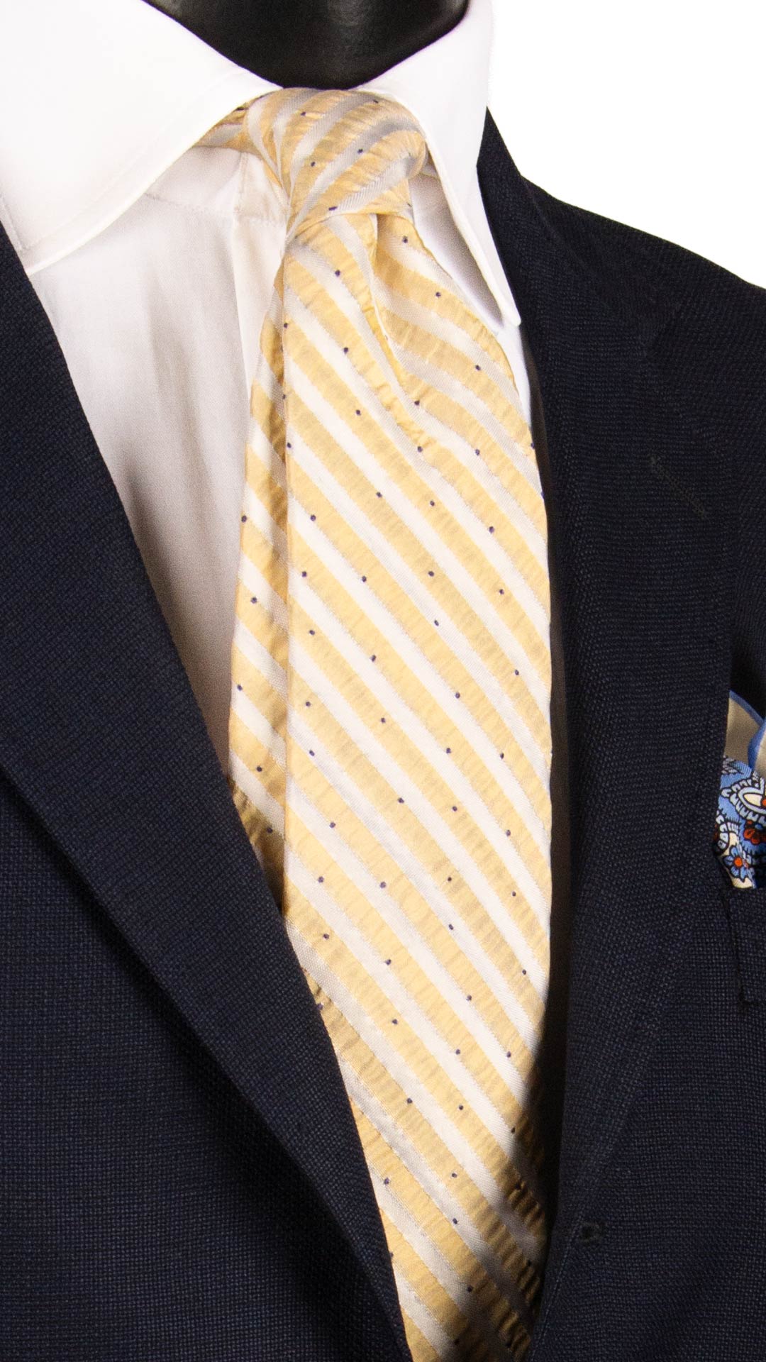 Cravatta Regimental di Seta Goffrata Giallo Crema Bianca a Pois Blu 7338 Graffeo Cravatte Made in Italy