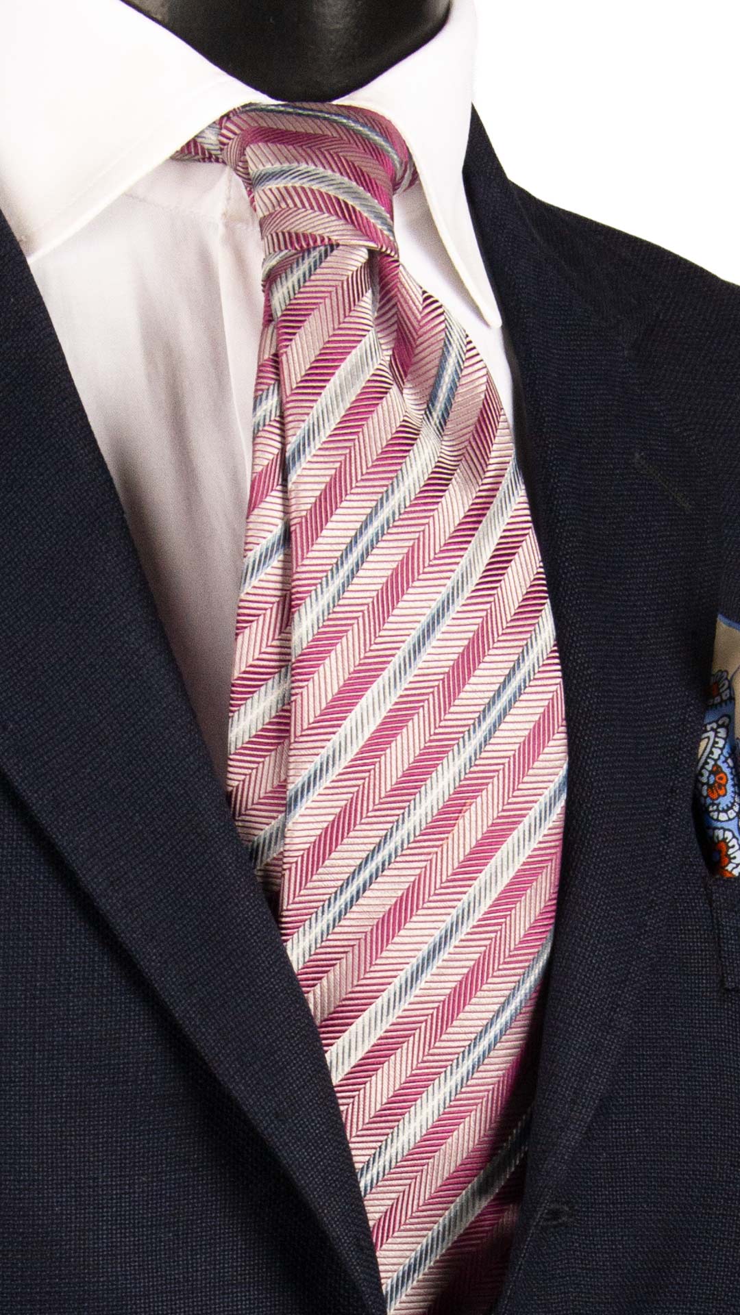 Cravatta Regimental di Seta Magenta con Righe Ottanio Grigio Argento 7322 Graffeo Cravatte Made in Italy