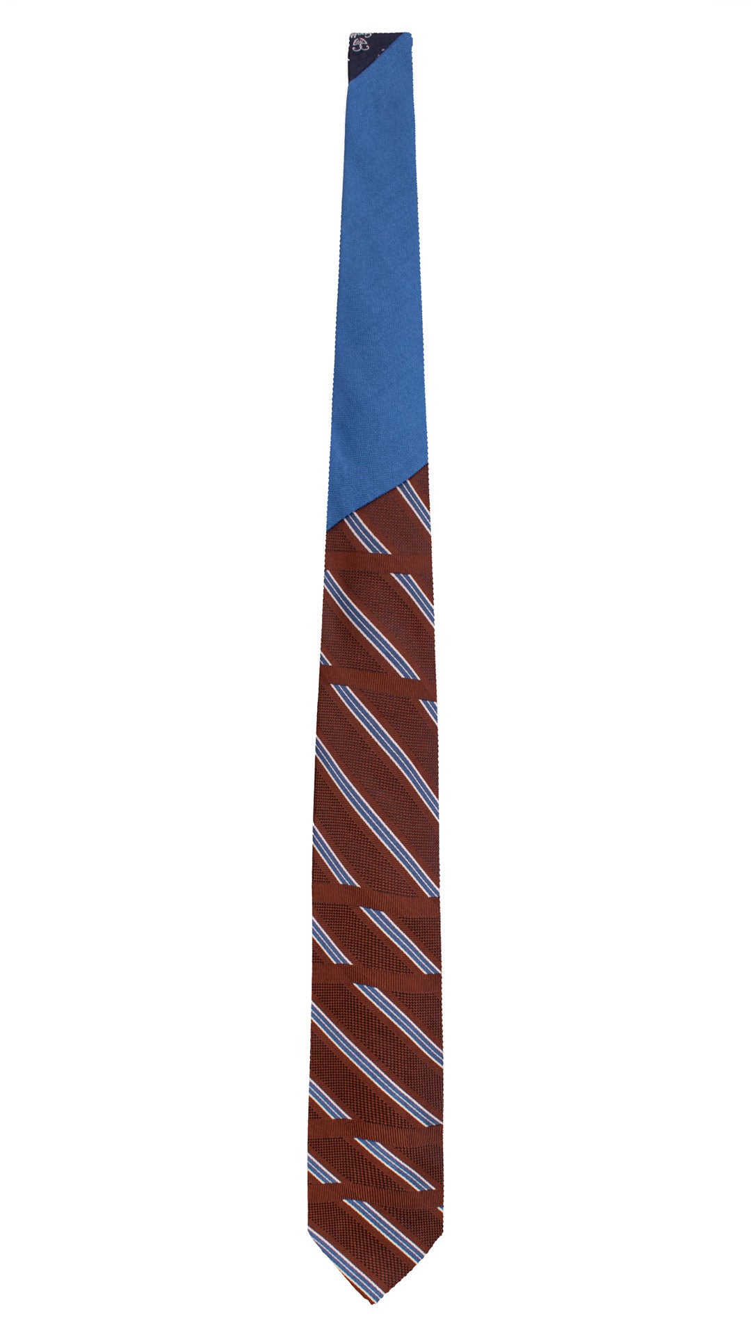 Cravatta Regimental di Seta Marrone Blu con Righe Bianche Bluette Nodo in Contrasto Bluette Tinta Unita N3357 Made in Italy Graffeo Cravatte Intera