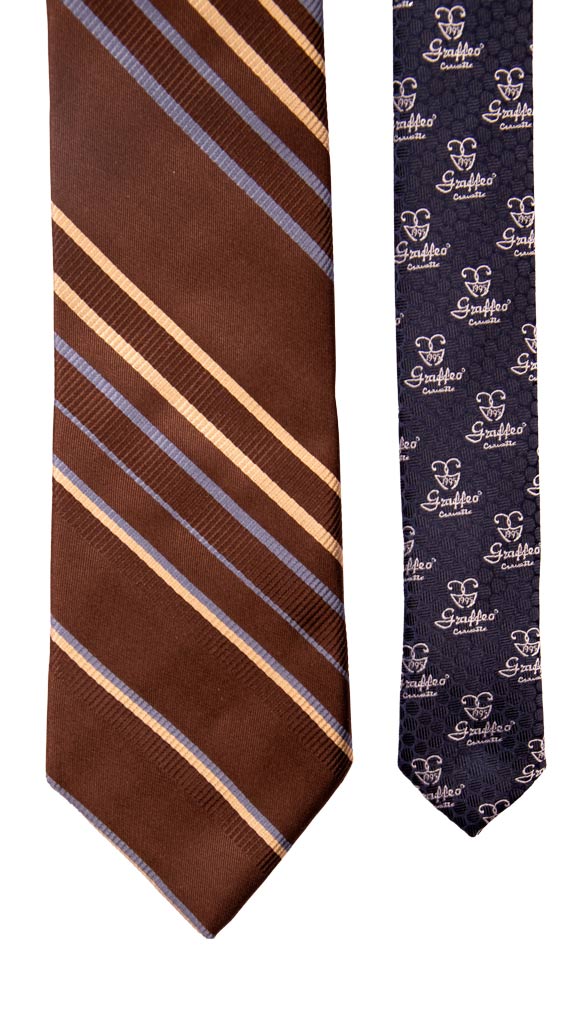 Cravatta Regimental di Seta Marrone con Righe Beige Blu Avio Made in Italy Graffeo Cravatte Pala