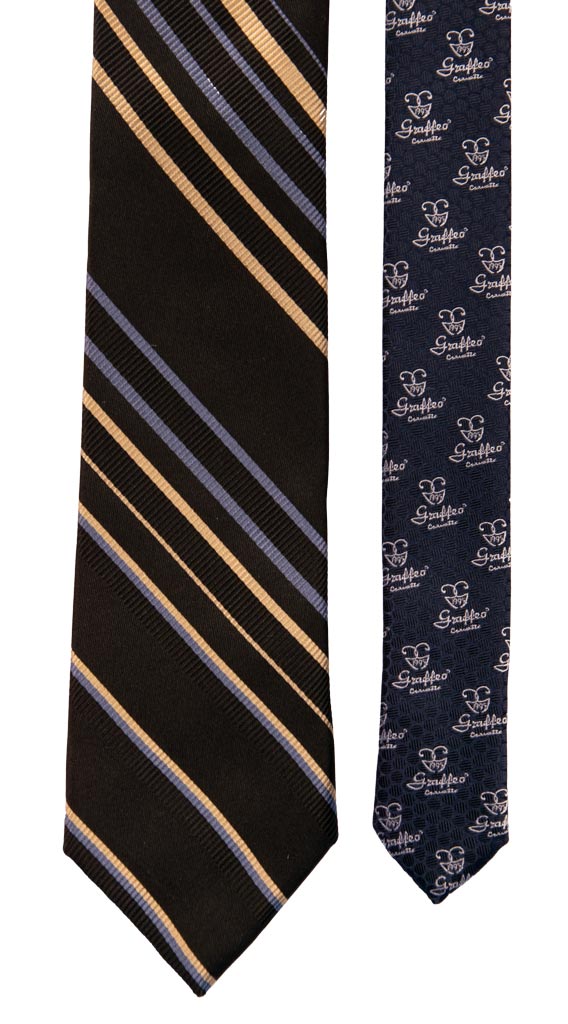 Cravatta Regimental di Seta Nera con Righe Blu Avio Beige 6867 Pala