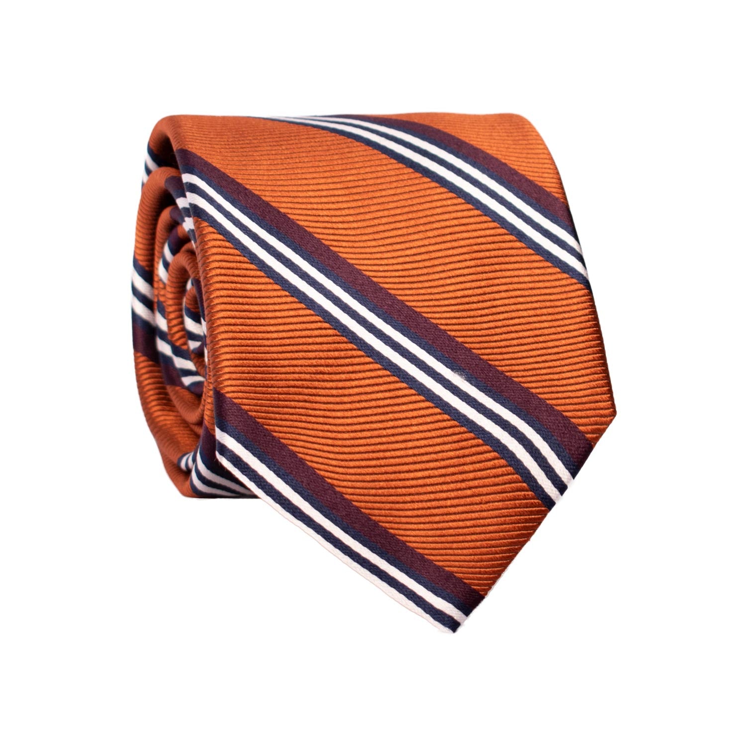 Cravatta Regimental di Seta Ruggine con Righe Borgogna Bianche Blu AN7274 Graffeo Cravatte Made in Italy Rotolo