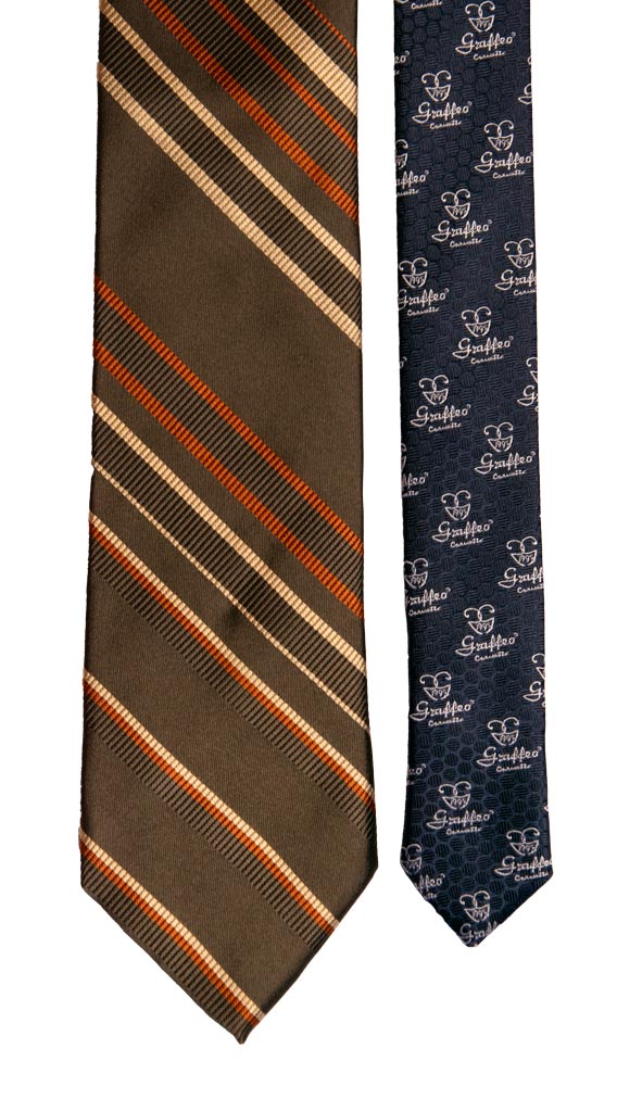 Cravatta Regimental di Seta Verde Oliva con Righe Color Ruggine Beige 6881 Pala