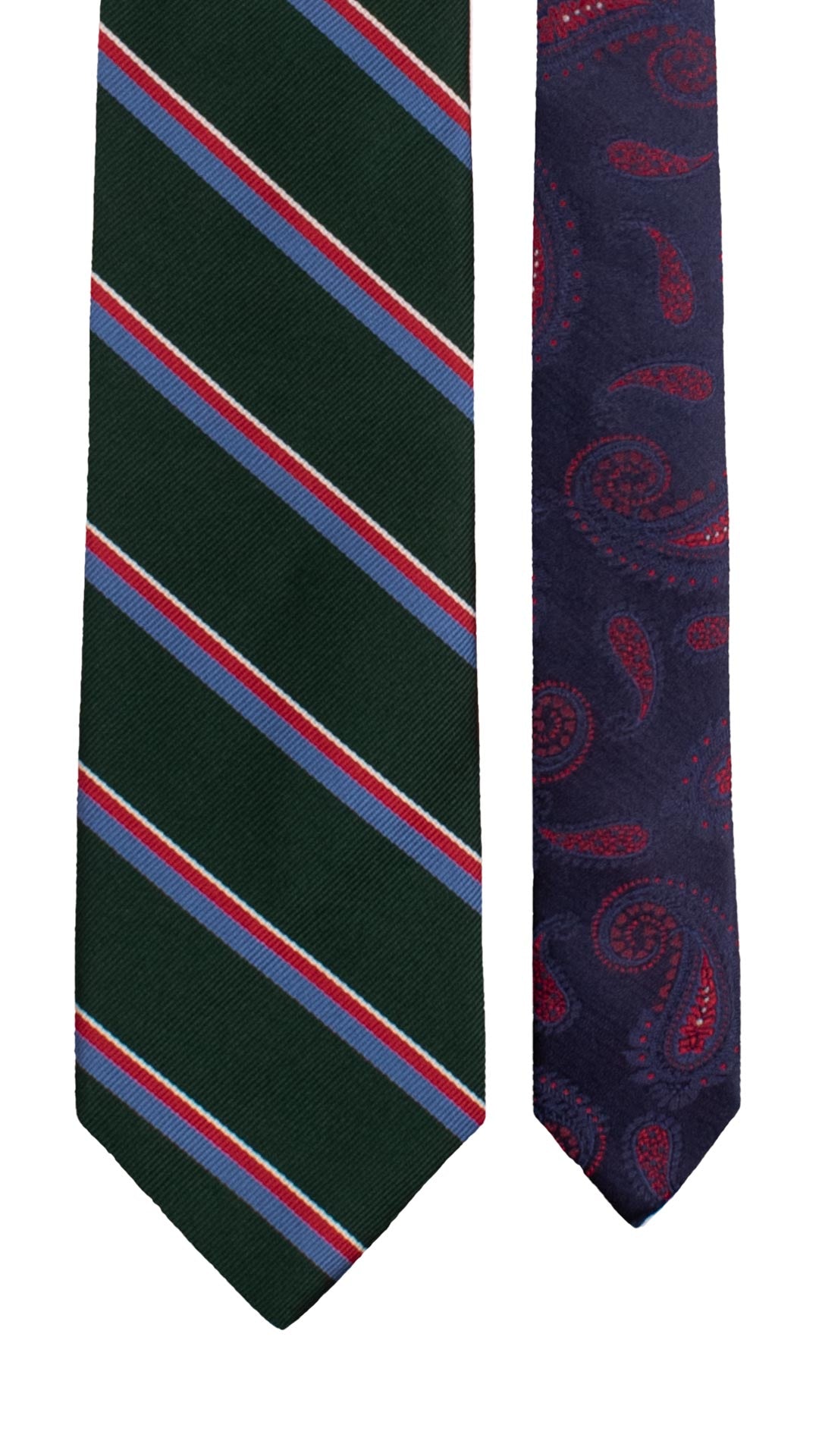 Cravatta Regimental di Seta Verde con Righe Azzurre Rosse Bianche Nodo in Contrasto Rosso Tinta Unita N3335 Graffeo Cravatte Made in Italy Pala