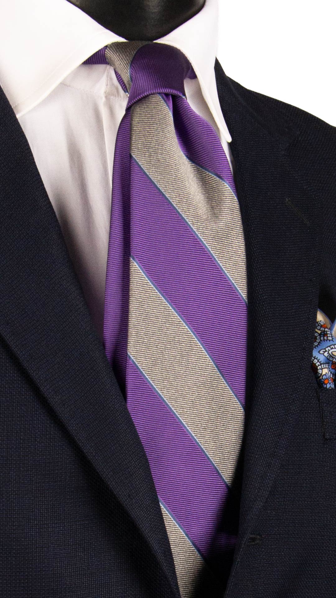 Cravatta Regimental di Seta Viola Grigia con Righe Avio Celesti 7347 Graffeo Cravatte Made in Italy