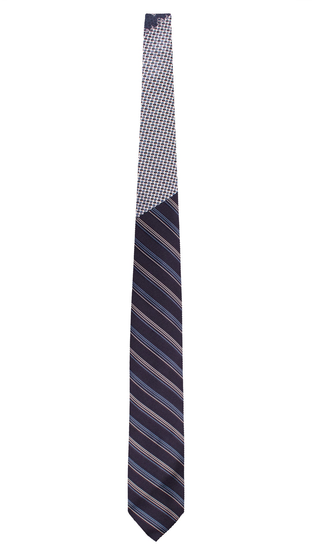 Cravatta Regimental di Seta Blu con Righe Azzurre Bianche Nodo in Contrasto Bianco Fantasia Blu Azzurro Celeste N3304 Made in Italy Graffeo Cravatte Intera