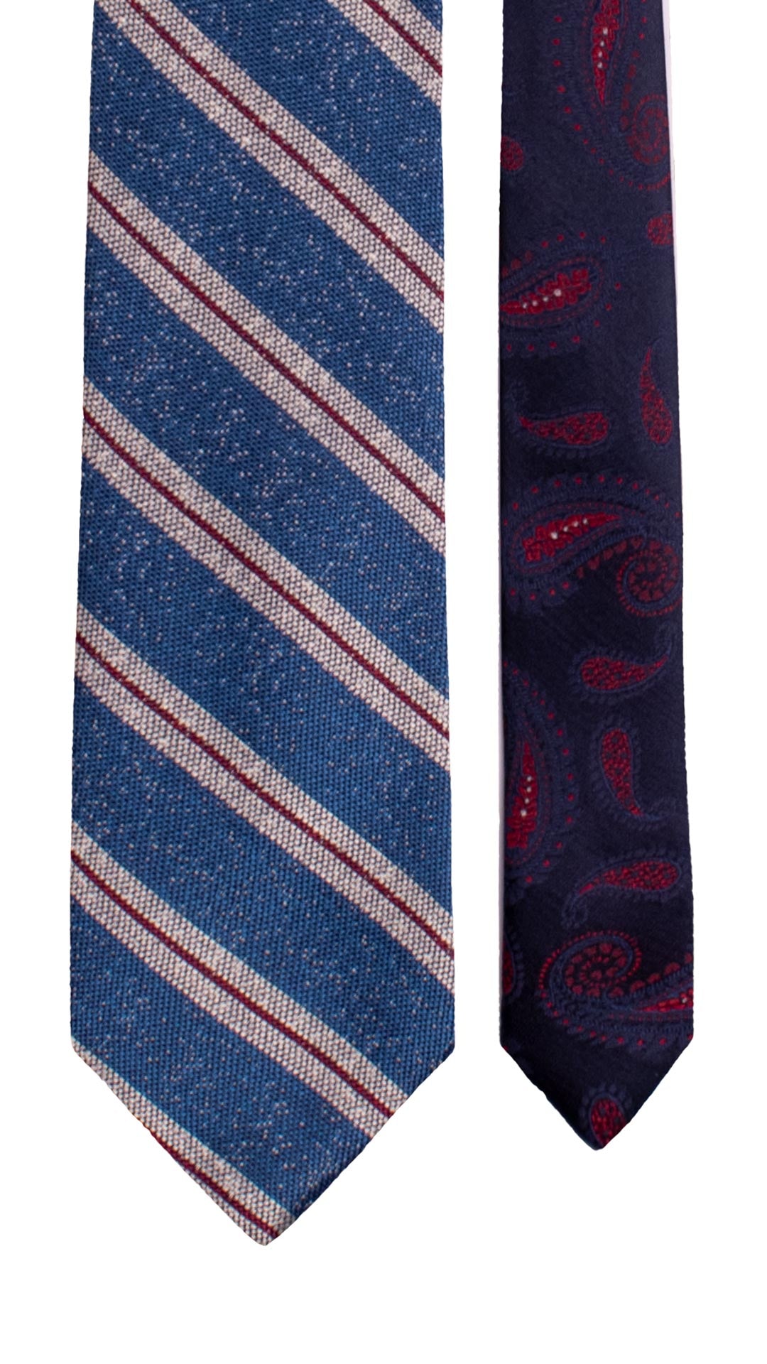Cravatta Regimental in Saia di Seta Blu con Righe Rosse Bianche Nodo in Contrasto Rosso Bordeaux Fantasia Bianca Bluette N3397 Made in Italy Graffeo Cravatte Pala