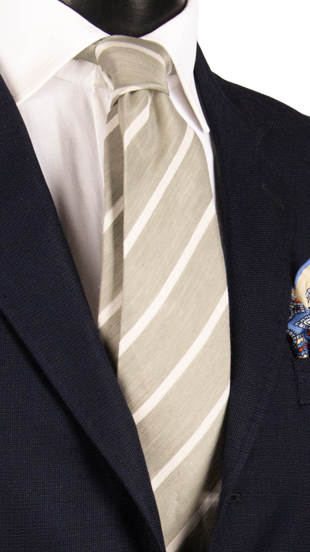 Cravatta Regimental in Seta Lino Verde Grigia con Righe Bianche 7333 Graffeo Cravatte Made in Italy