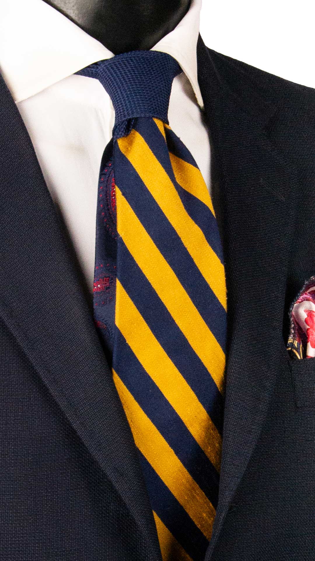 Cravatta Regimental in Seta Lino con Righe Blu Giallo Ocra Nodo in Contrasto Blu Fantasia Tono su Tono N3405 Made in Italy Graffeo Cravatte