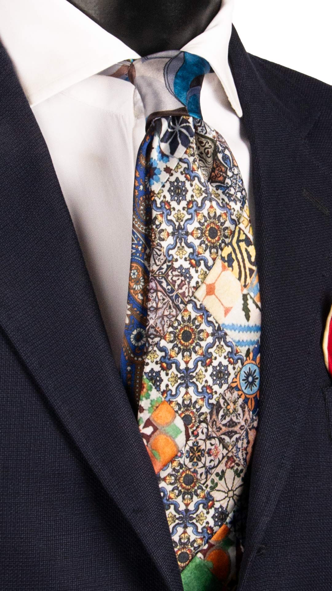 Cravatta Siciliana Micro Mosaico Vintage Patchwork di Seta Raso con Maioliche Multicolor PM1071 Made in Italy Graffeo Cravatte