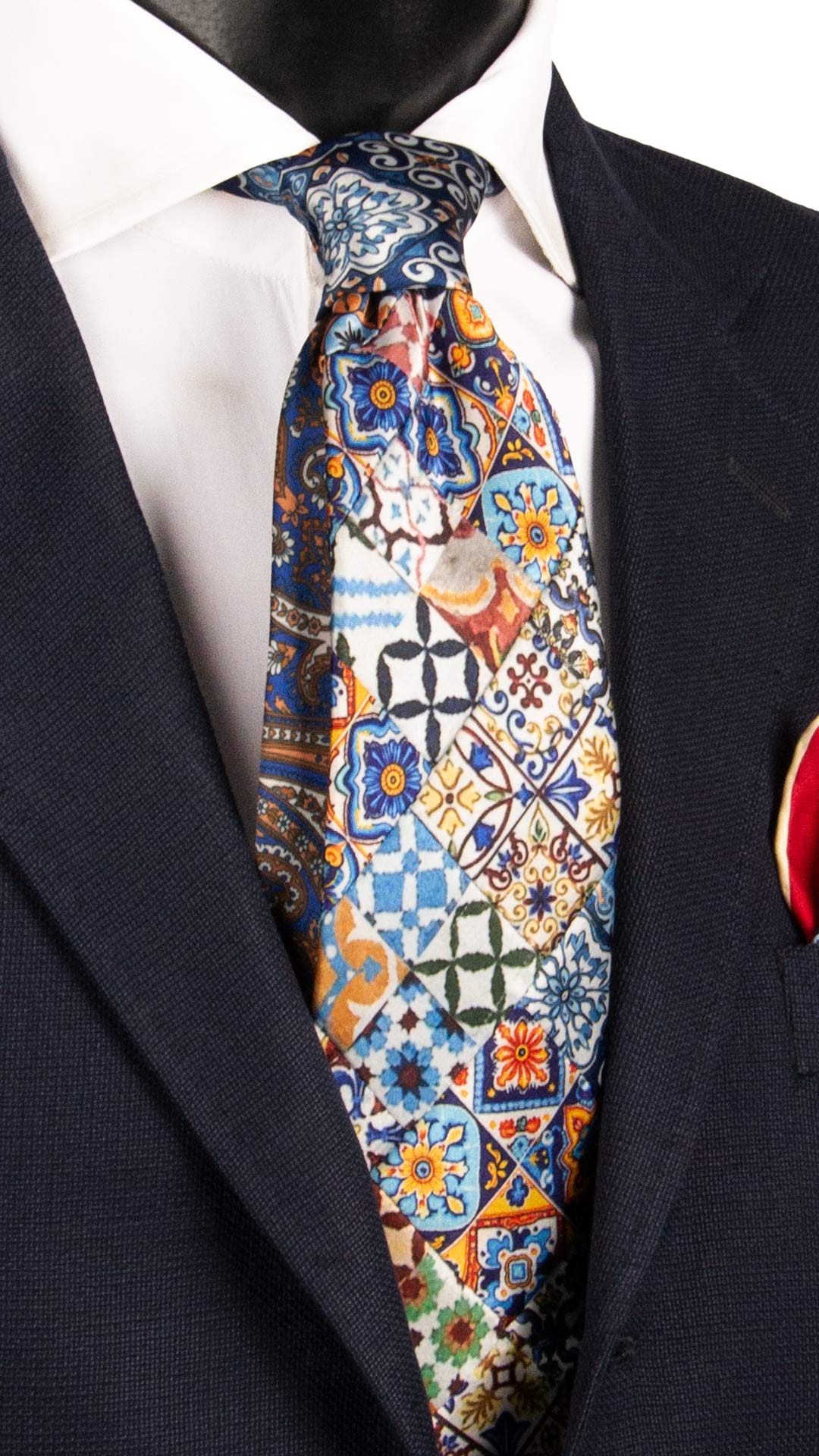 Cravatta Siciliana Micro Mosaico Vintage Patchwork di Seta Raso con Maioliche Multicolor PM1072 Made in Italy Graffeo Cravatte
