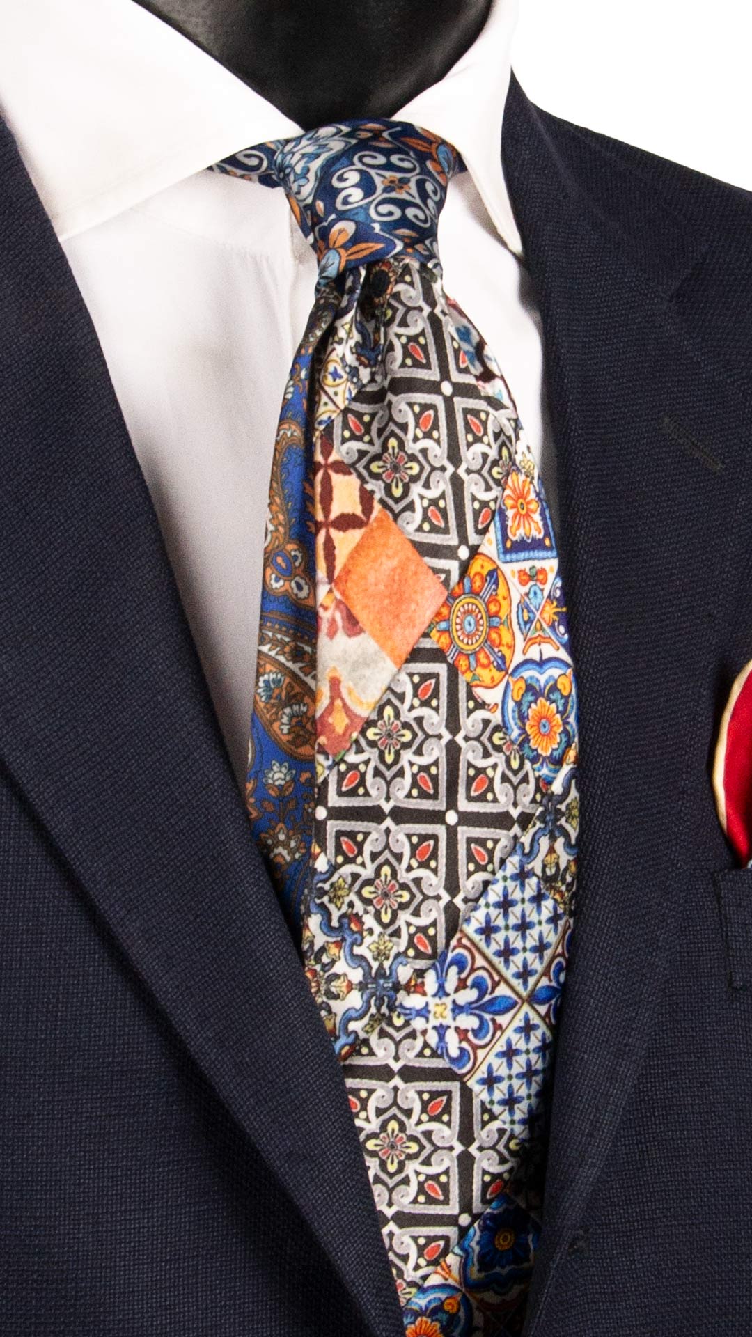 Cravatta Siciliana Micro Mosaico Vintage Patchwork di Seta Raso con Maioliche Multicolor PM1073 Made in Italy Graffeo Cravatte
