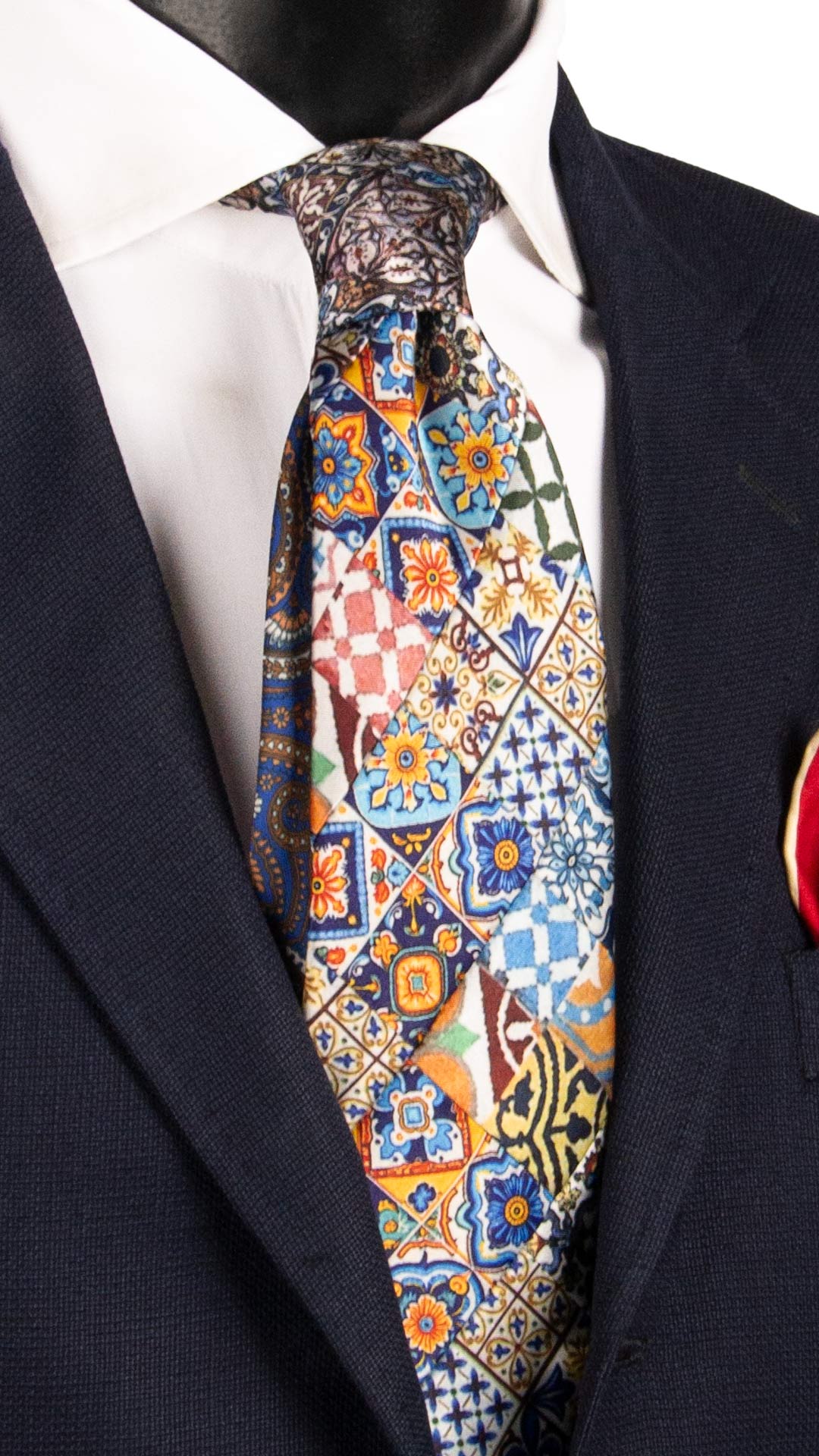 Cravatta Siciliana Micro Mosaico Vintage Patchwork di Seta Raso con Maioliche Multicolor PM1074 Made in Italy Graffeo Cravatte
