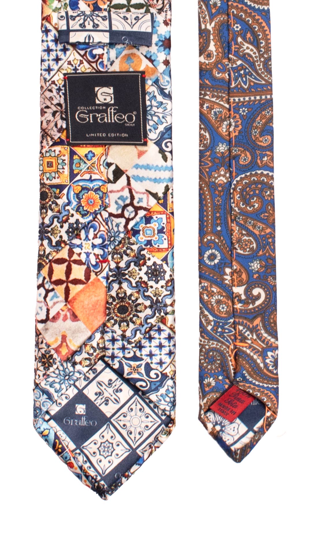 Cravatta Siciliana Micro Mosaico Vintage Patchwork di Seta Raso con Maioliche PM1257 Made in Italy Graffeo Cravatte Pala