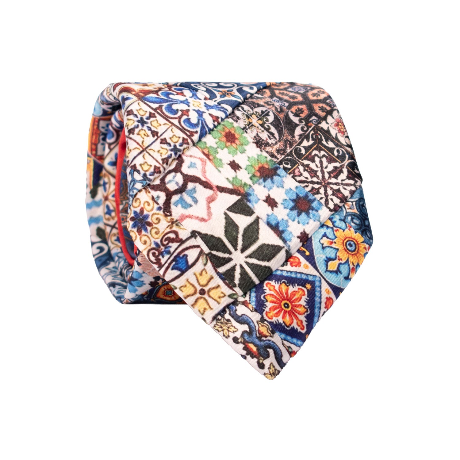 Cravatta Siciliana Micro Mosaico Vintage Patchwork di Seta Raso con Maioliche PM1257 Made in Italy Graffeo Cravatte Rotolo