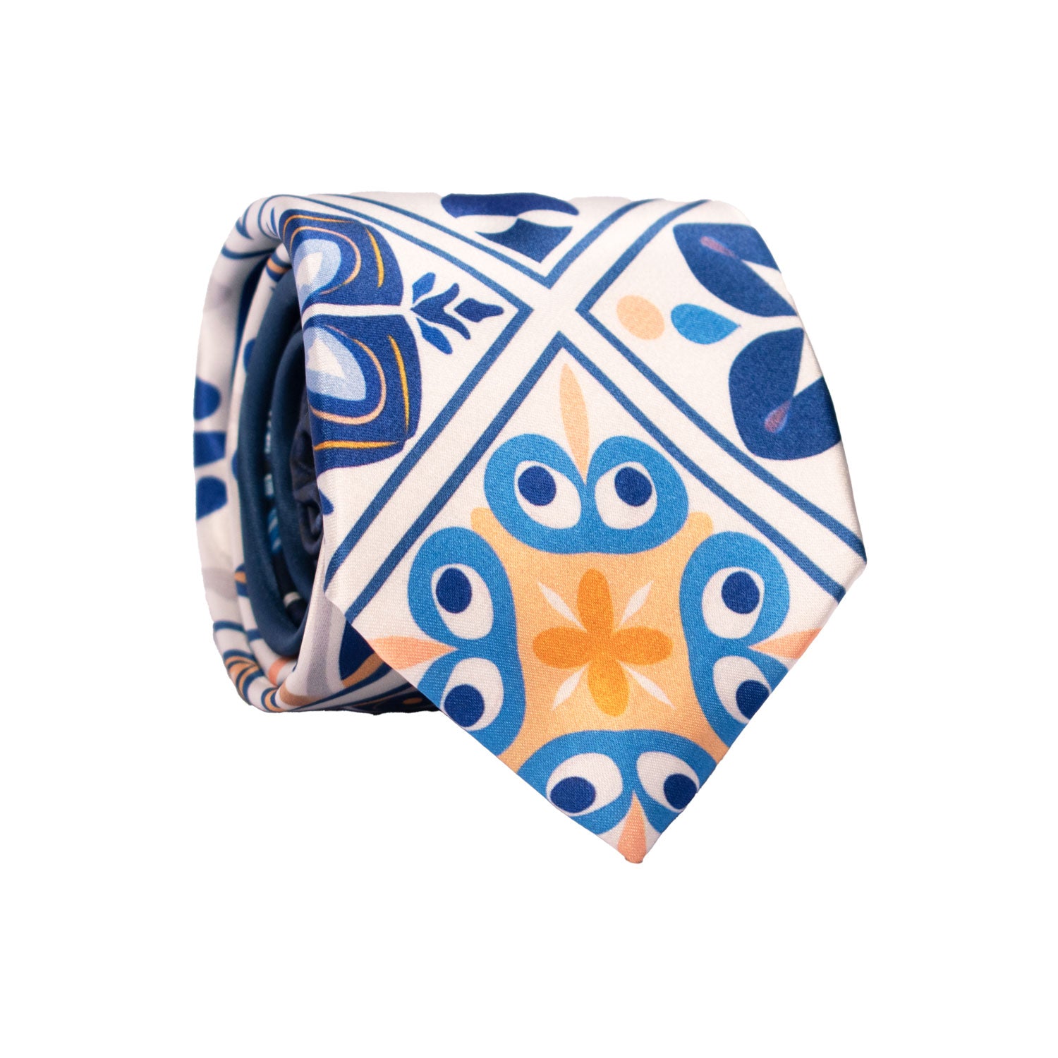 Cravatta Siciliana Stampa di Raso Bianca con Maioliche Giallo Ocra Blu Nodo in Contrasto Blu N3259 Made in Italy Graffeo Cravatte Rotolo