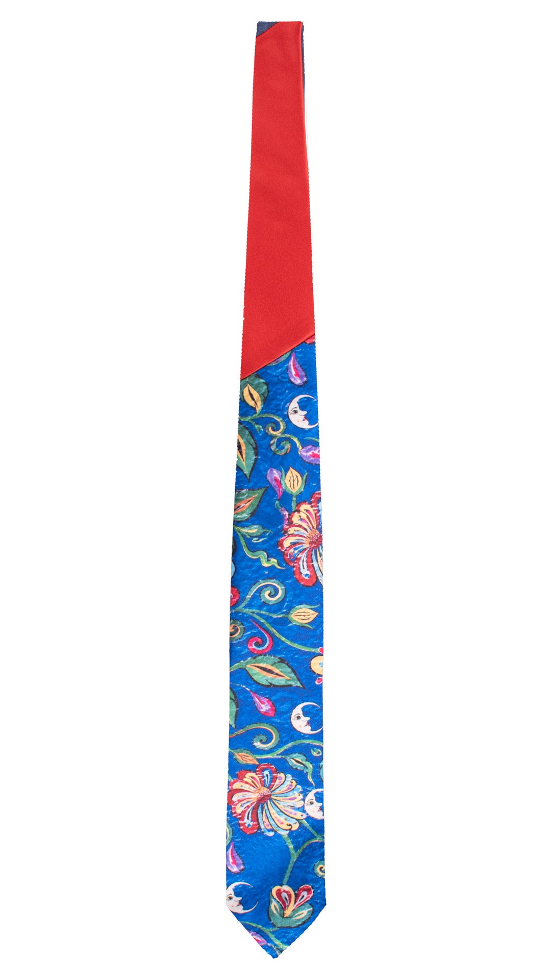 Cravatta Siciliana Stampa di Raso Bluette Fantasia Multicolor Nodo in Contrasto Rosso Arancio N3507 Made in Italy Graffeo Cravatte Intera