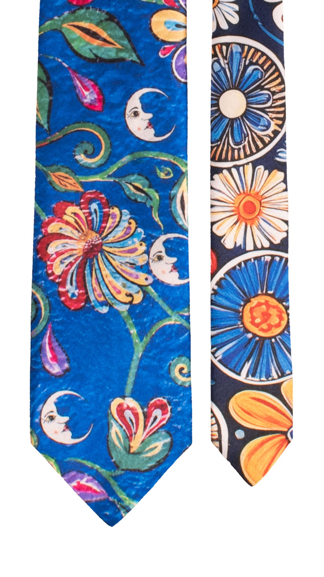Cravatta Siciliana Stampa di Raso Bluette Fantasia Multicolor Nodo in Contrasto Rosso Arancio N3507 Made in Italy Graffeo Cravatte