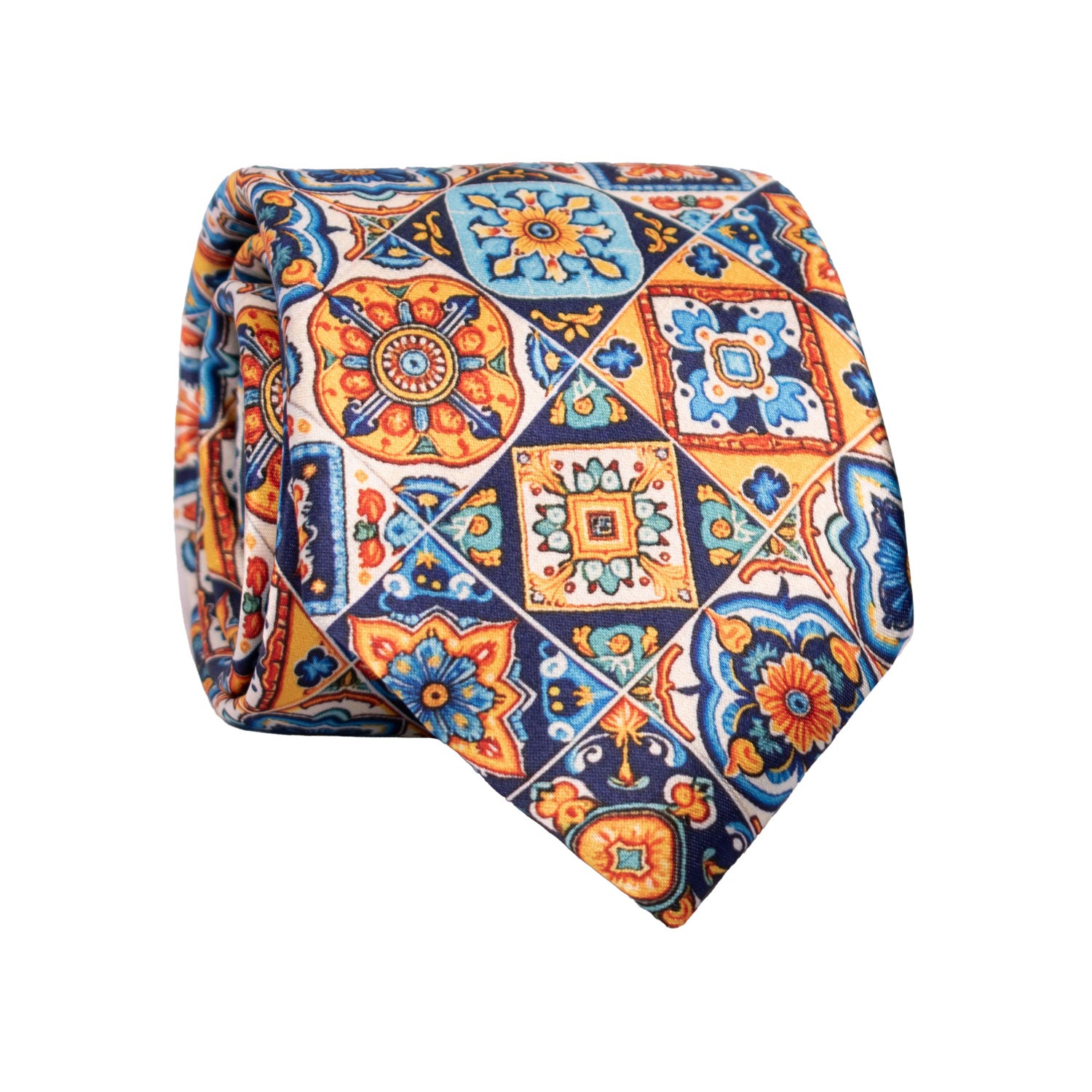 Cravatta Siciliana Stampa di Raso Multicolor con Maioliche CS28 Graffeo Cravatte Made in Italy Rotolo
