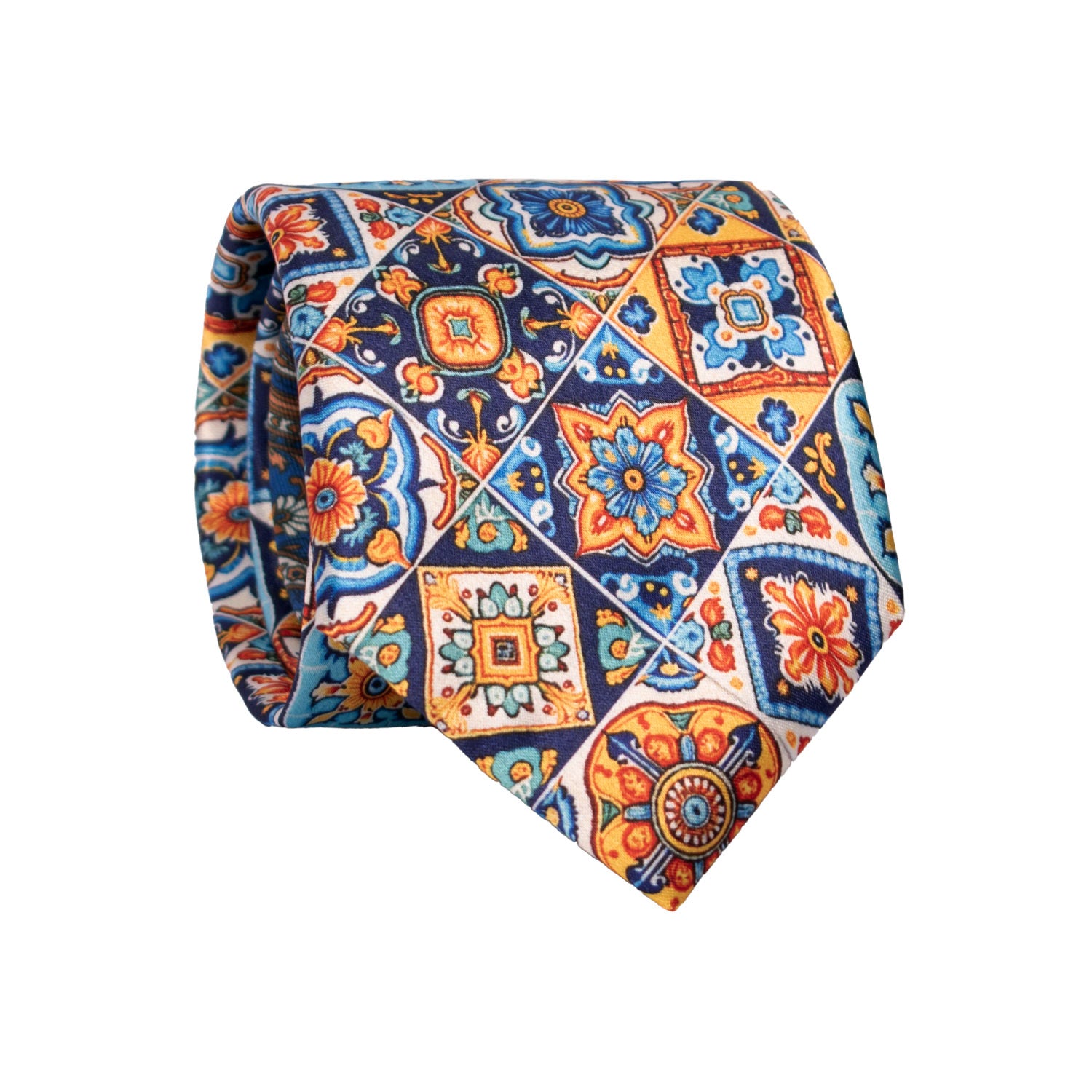 Cravatta Siciliana Stampa di Raso Multicolor con Maioliche Nodo in Contrasto Blu N3229 Graffeo Cravatte Made in Italy Rotolo