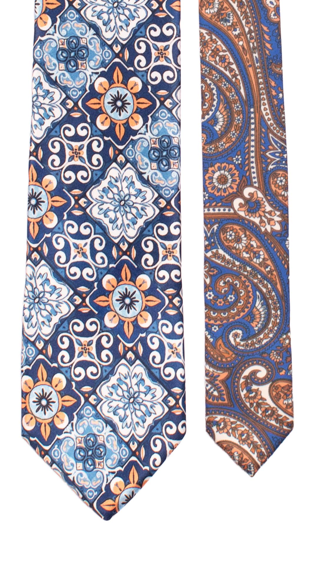 Cravatta Siciliana Stampa di Raso Multicolor con Maioliche Nodo in Contrasto Blu N3232 Graffeo Cravatte Made in Italy Pala