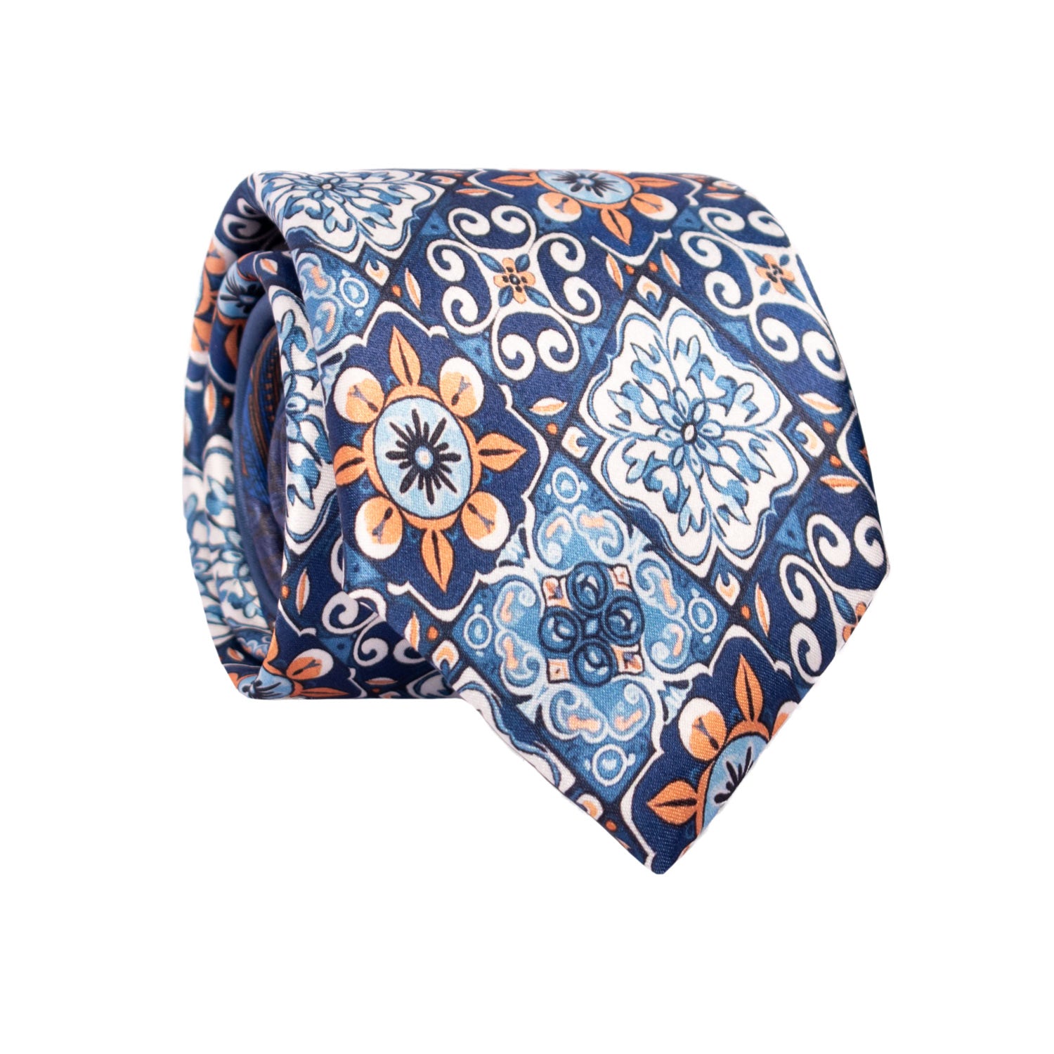 Cravatta Siciliana Stampa di Raso Multicolor con Maioliche Nodo in Contrasto Blu N3232 Graffeo Cravatte Made in Italy Rotolo