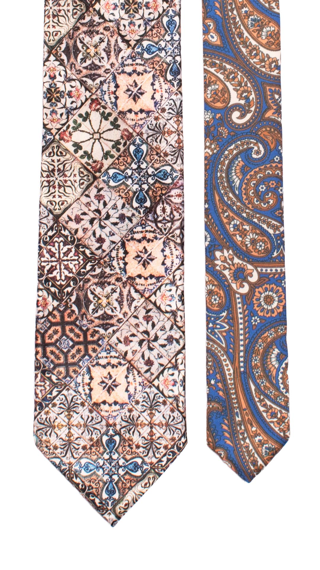 Cravatta Siciliana Stampa di Raso Multicolor con Maioliche Nodo in Contrasto Blu N3234 Graffeo Cravatte Made in Italy Pala