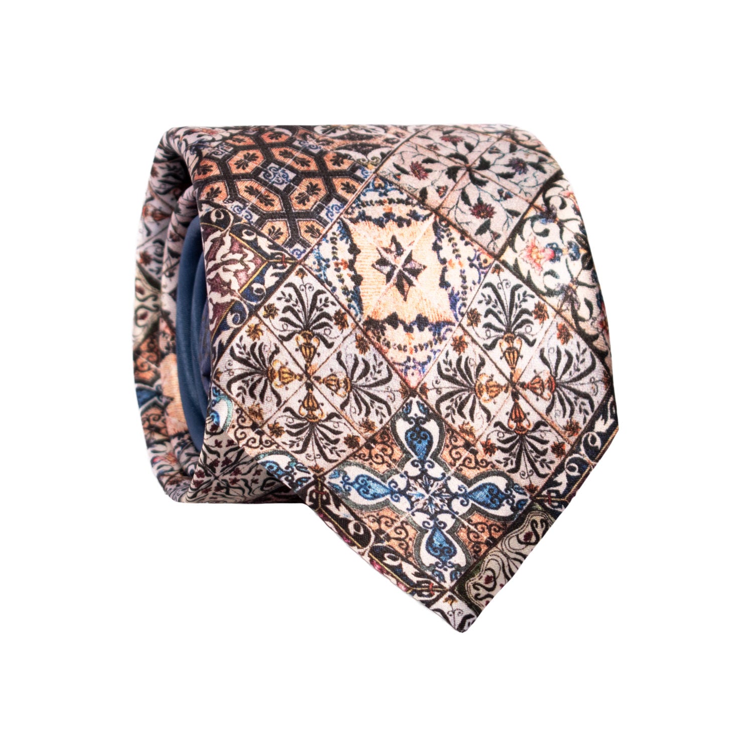 Cravatta Siciliana Stampa di Raso Multicolor con Maioliche Nodo in Contrasto Blu N3234 Graffeo Cravatte Made in Italy Rotolo