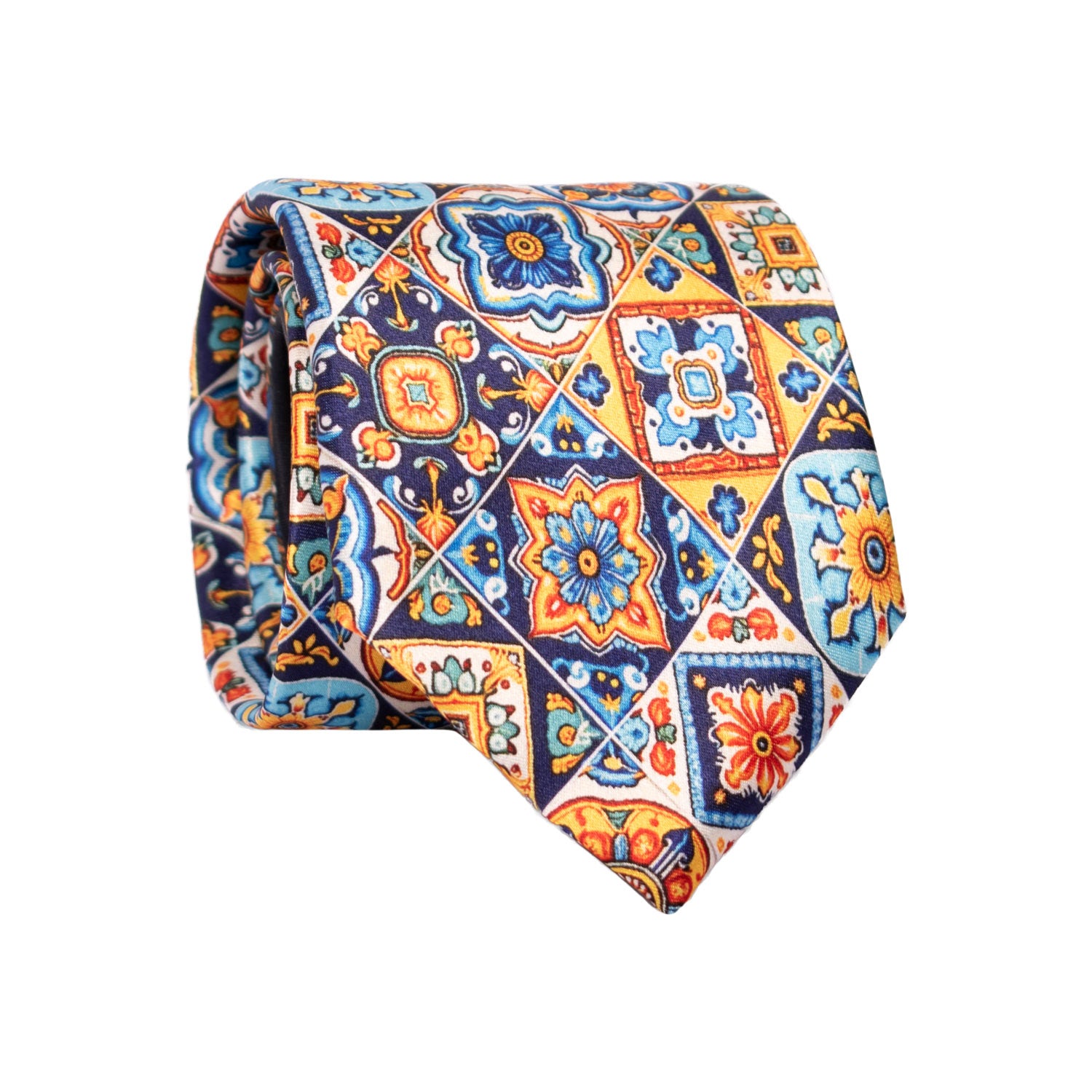 Cravatta Siciliana Stampa di Raso Multicolor con Maioliche Nodo in Contrasto Blu Notte N3228 Graffeo Cravatte Made in Italy Rotolo