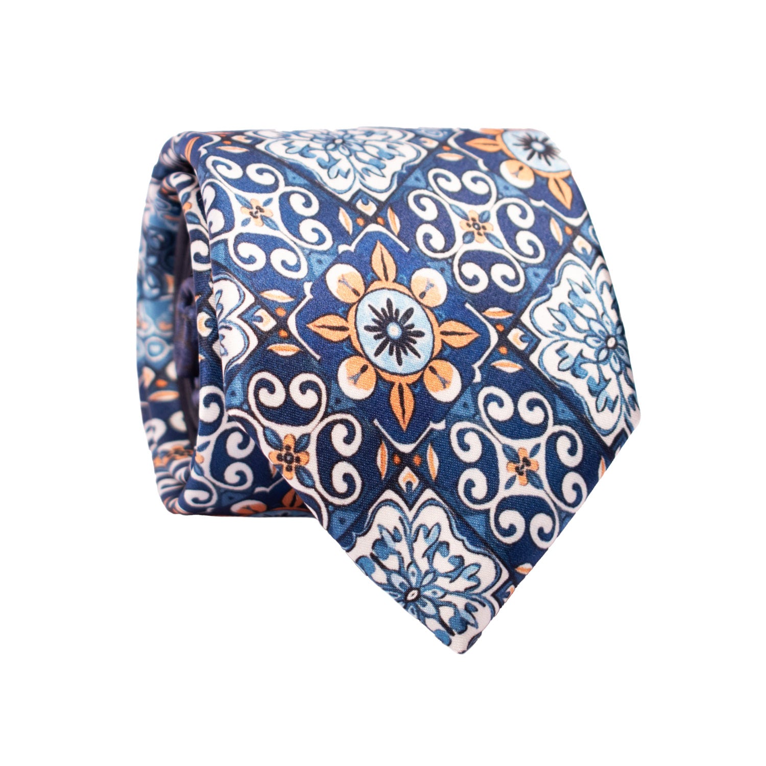 Cravatta Siciliana Stampa di Raso Multicolor con Maioliche Nodo in Contrasto Blu Notte N3231 Graffeo Cravatte Made in Italy Rotolo