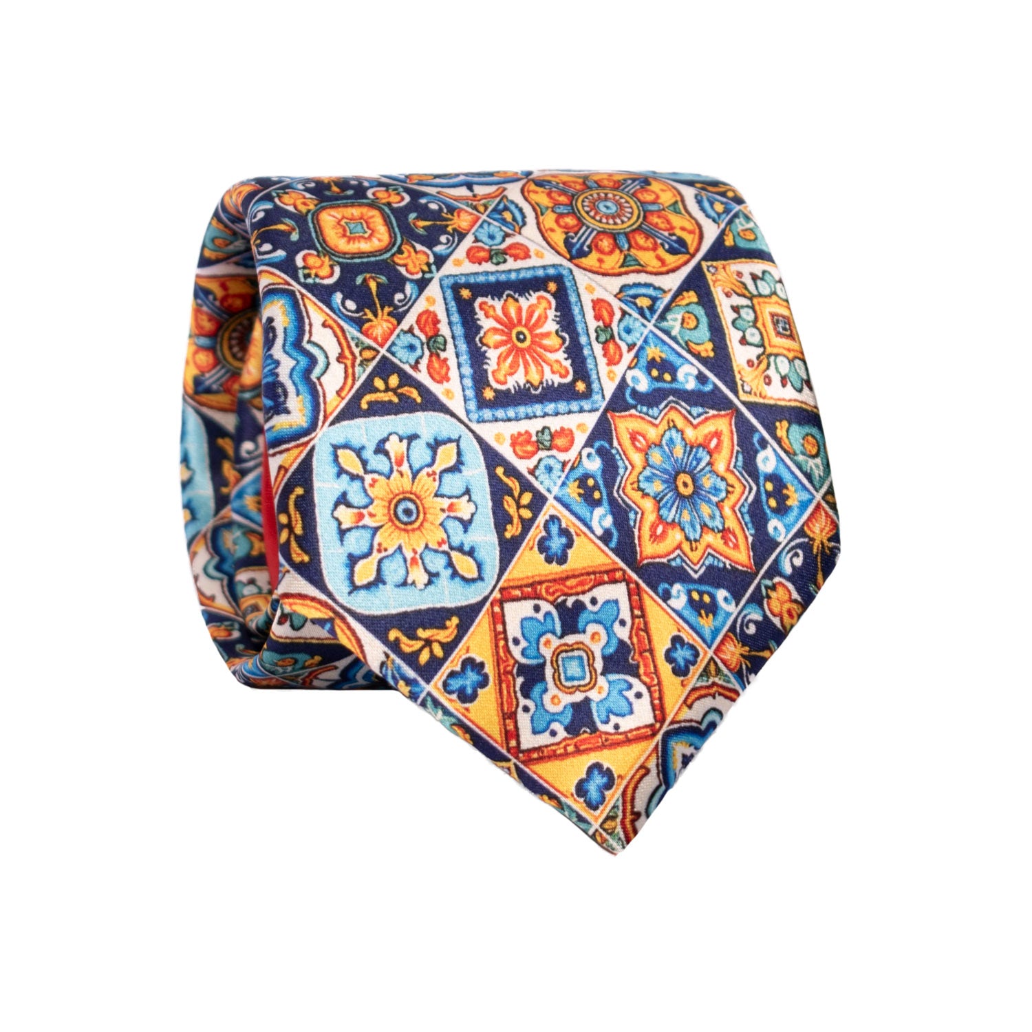 Cravatta Siciliana Stampa di Raso Multicolor con Maioliche Nodo in Contrasto Rosso Arancio N3230 Graffeo Cravatte Made in Italy Rotolo