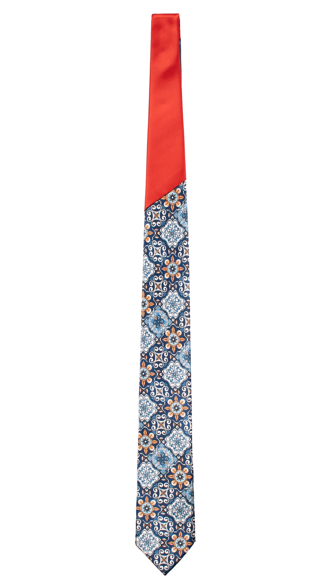 Cravatta Siciliana Stampa di Raso Multicolor con Maioliche Nodo in Contrasto Rosso Arancio N3233 Graffeo Cravatte Made in Italy Intera