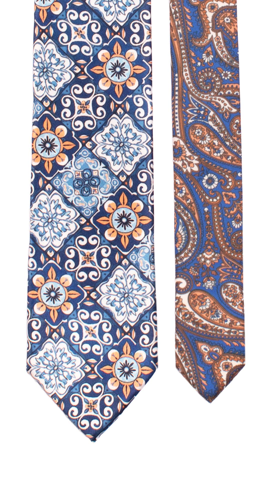 Cravatta Siciliana Stampa di Raso Multicolor con Maioliche Nodo in Contrasto Rosso Arancio N3233 Graffeo Cravatte Made in Italy Pala